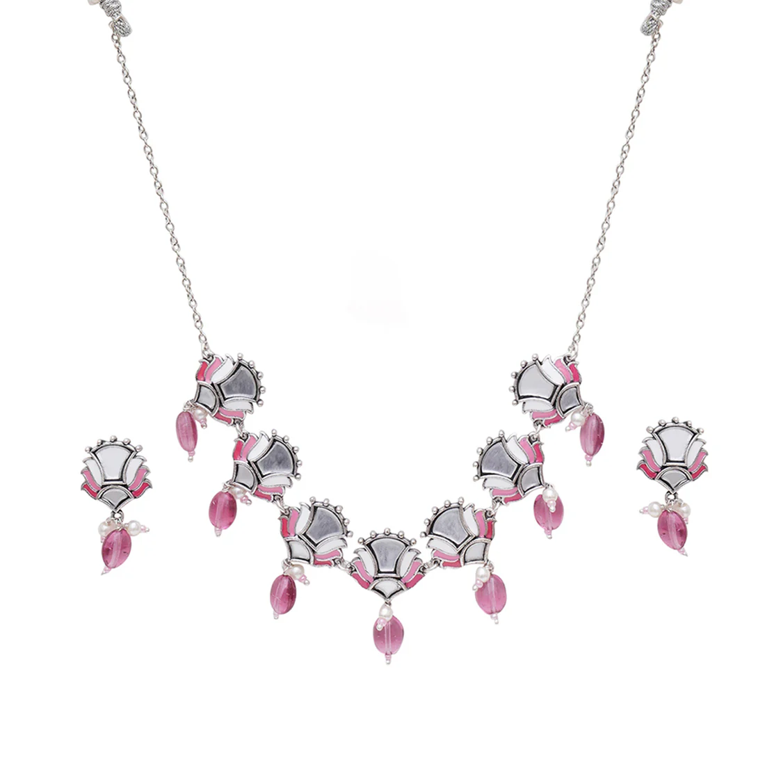 Festive Hues Mirrored Floral Motifs Brass Oxidised Silver Plated Jewellery Set - Image 4