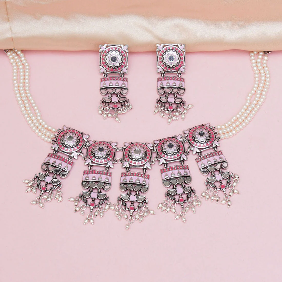 Festive Hues Pink Enamel Faux Pearls Brass Silver Plated Jewellery Set
