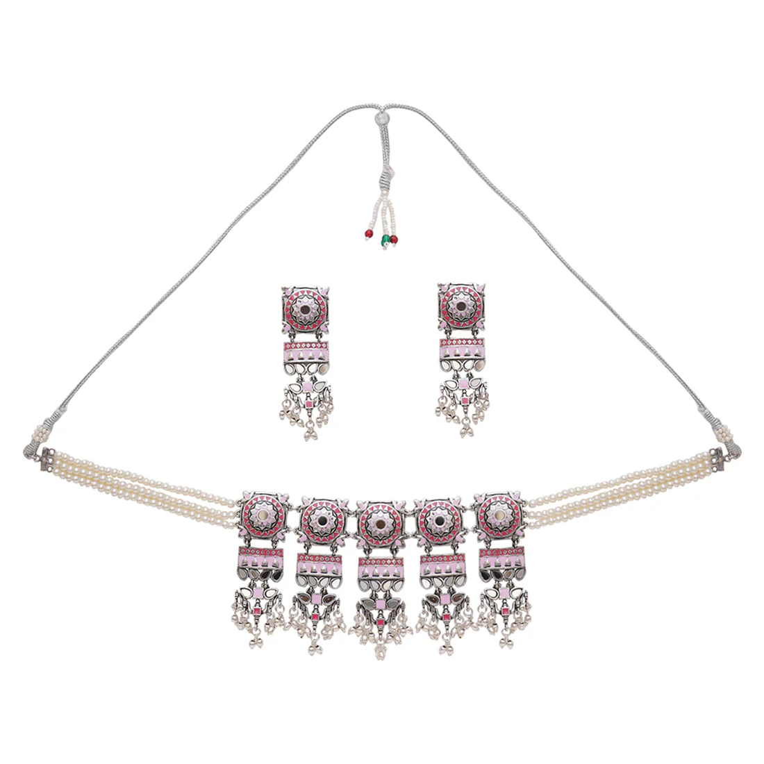 Festive Hues Pink Enamel Faux Pearls Brass Silver Plated Jewellery Set - Image 3