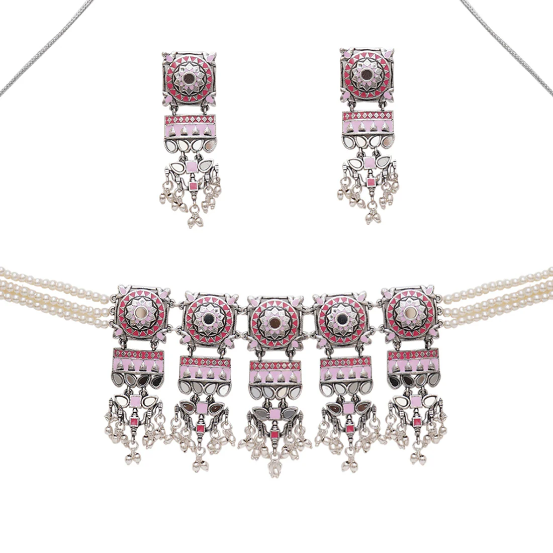 Festive Hues Pink Enamel Faux Pearls Brass Silver Plated Jewellery Set - Image 4