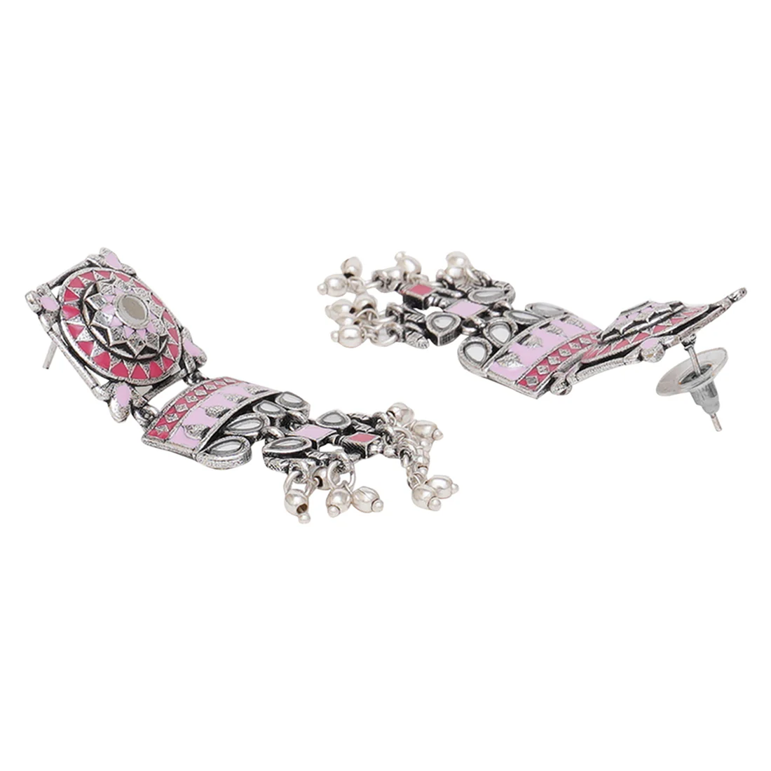 Festive Hues Pink Enamel Faux Pearls Brass Silver Plated Jewellery Set - Image 5