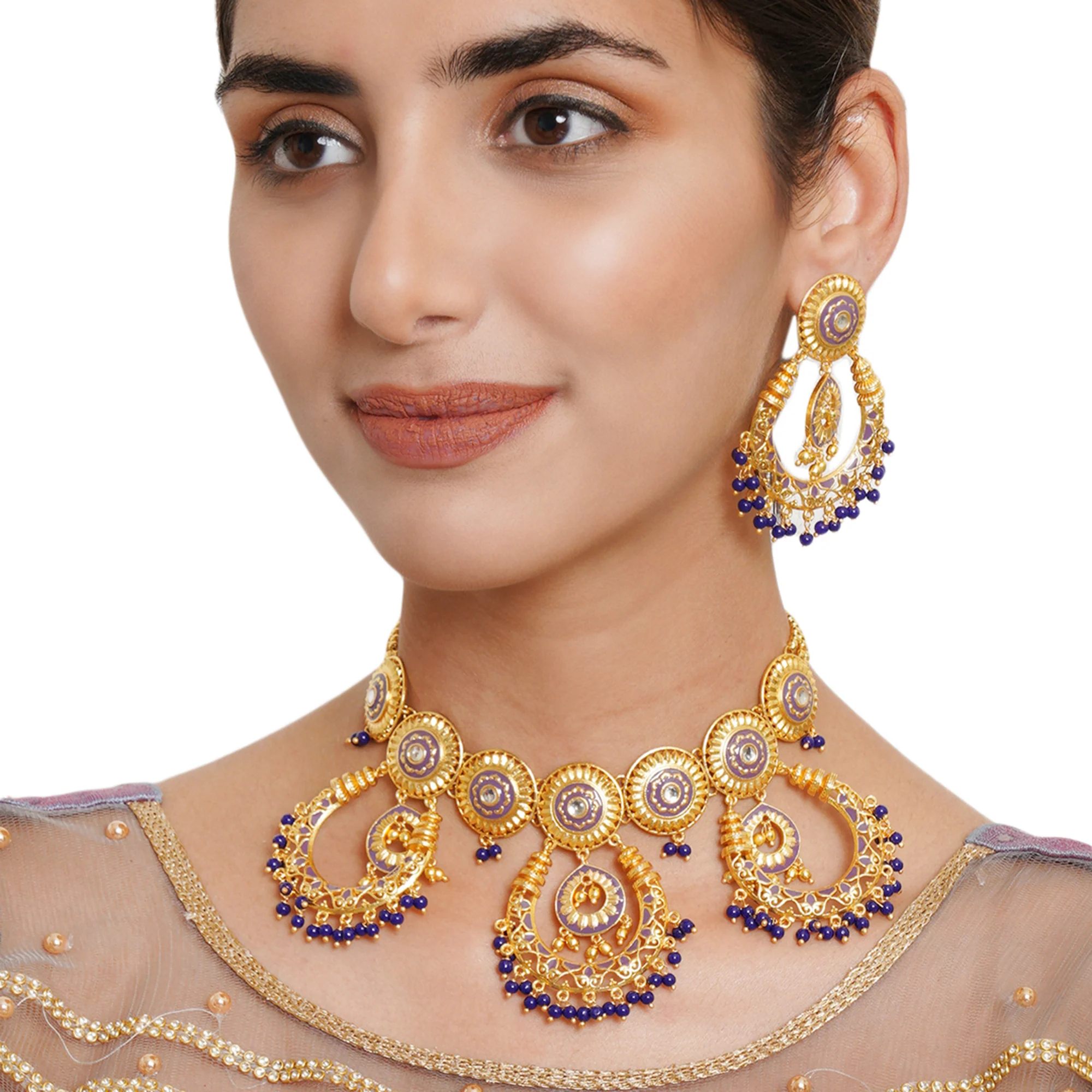 Festive Hues Purple Enamel and Stones Gold Plated Brass Jewellery Set - Image 2