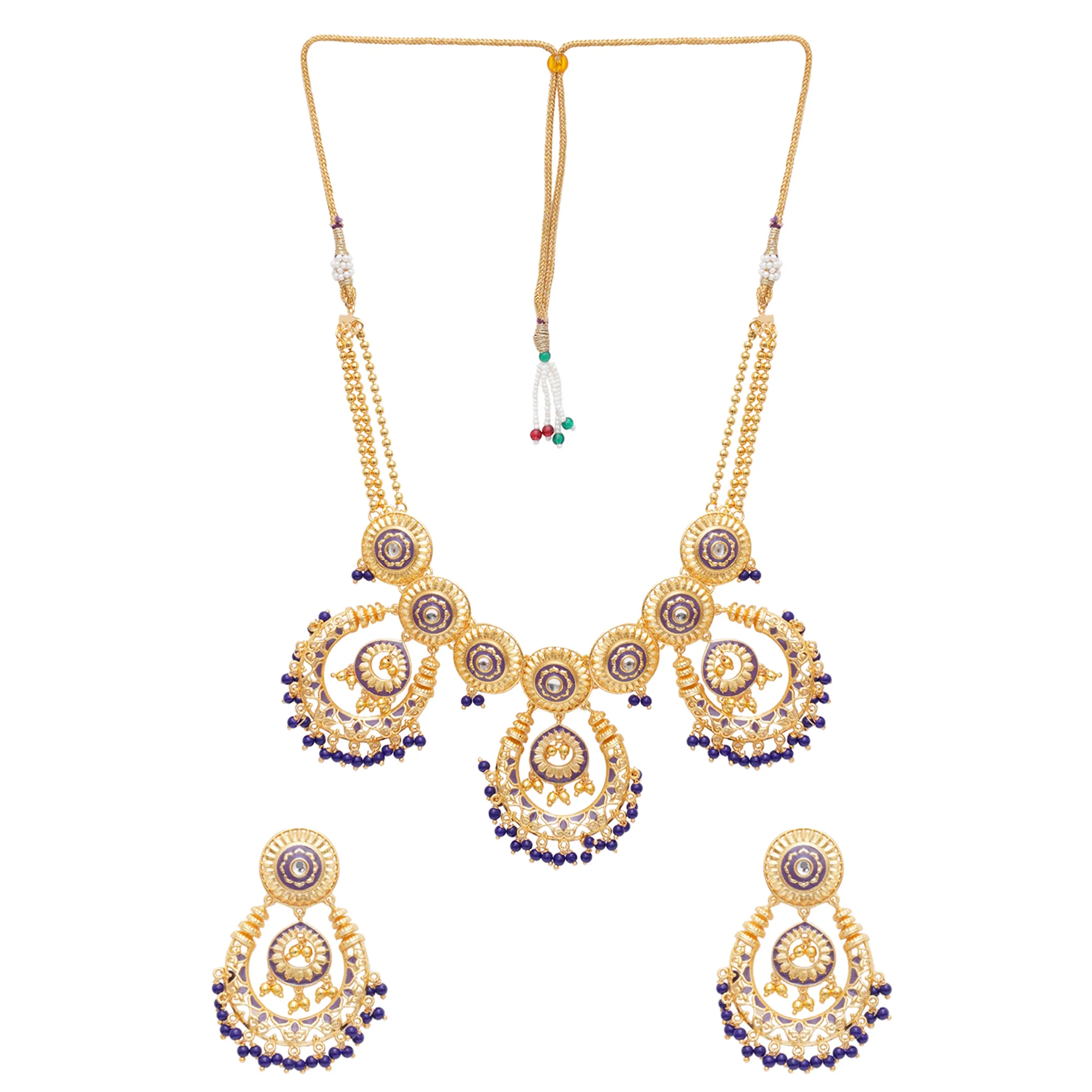 Festive Hues Purple Enamel and Stones Gold Plated Brass Jewellery Set - Image 3