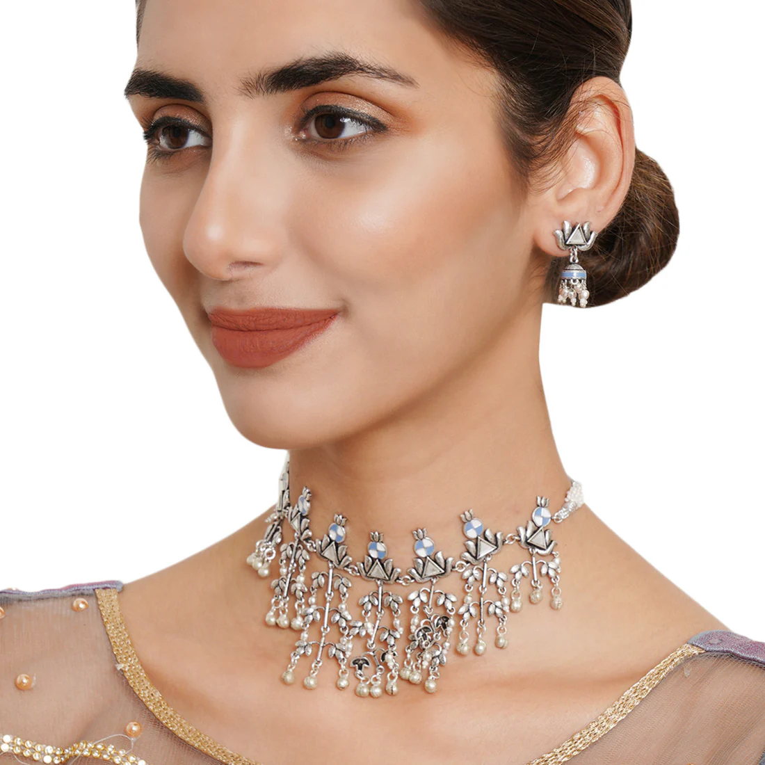 Festive Hues Silver Plated Long Fusion Blue Necklace Set - Image 2