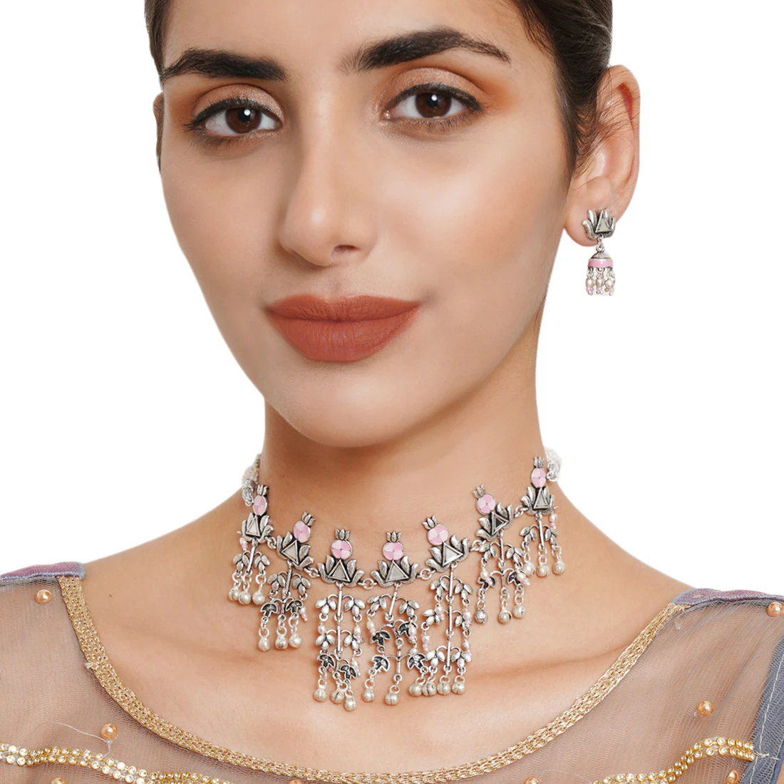 Festive Hues Silver Plated Long Fusion Pink Necklace Set - Image 2