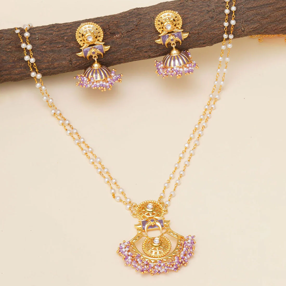 Festive Hues Yellow Gold Plated Faux Pearls Adorned Brass Jewellery Set