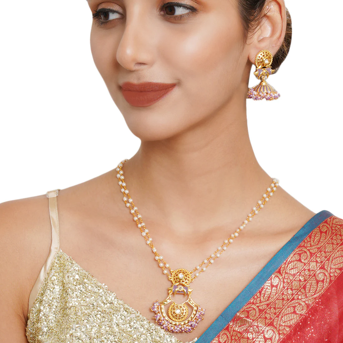 Festive Hues Yellow Gold Plated Faux Pearls Adorned Brass Jewellery Set - Image 2