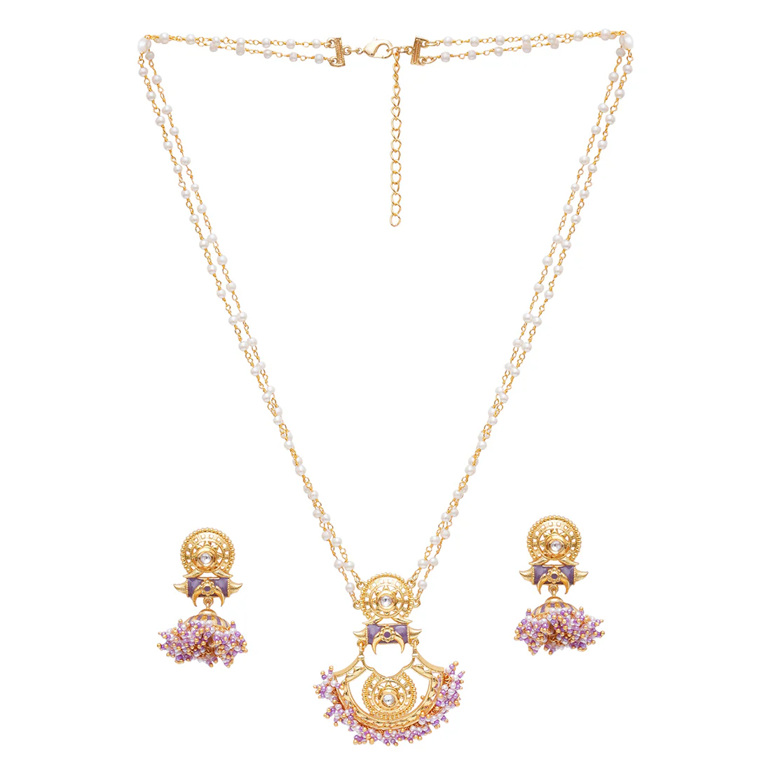 Festive Hues Yellow Gold Plated Faux Pearls Adorned Brass Jewellery Set - Image 3