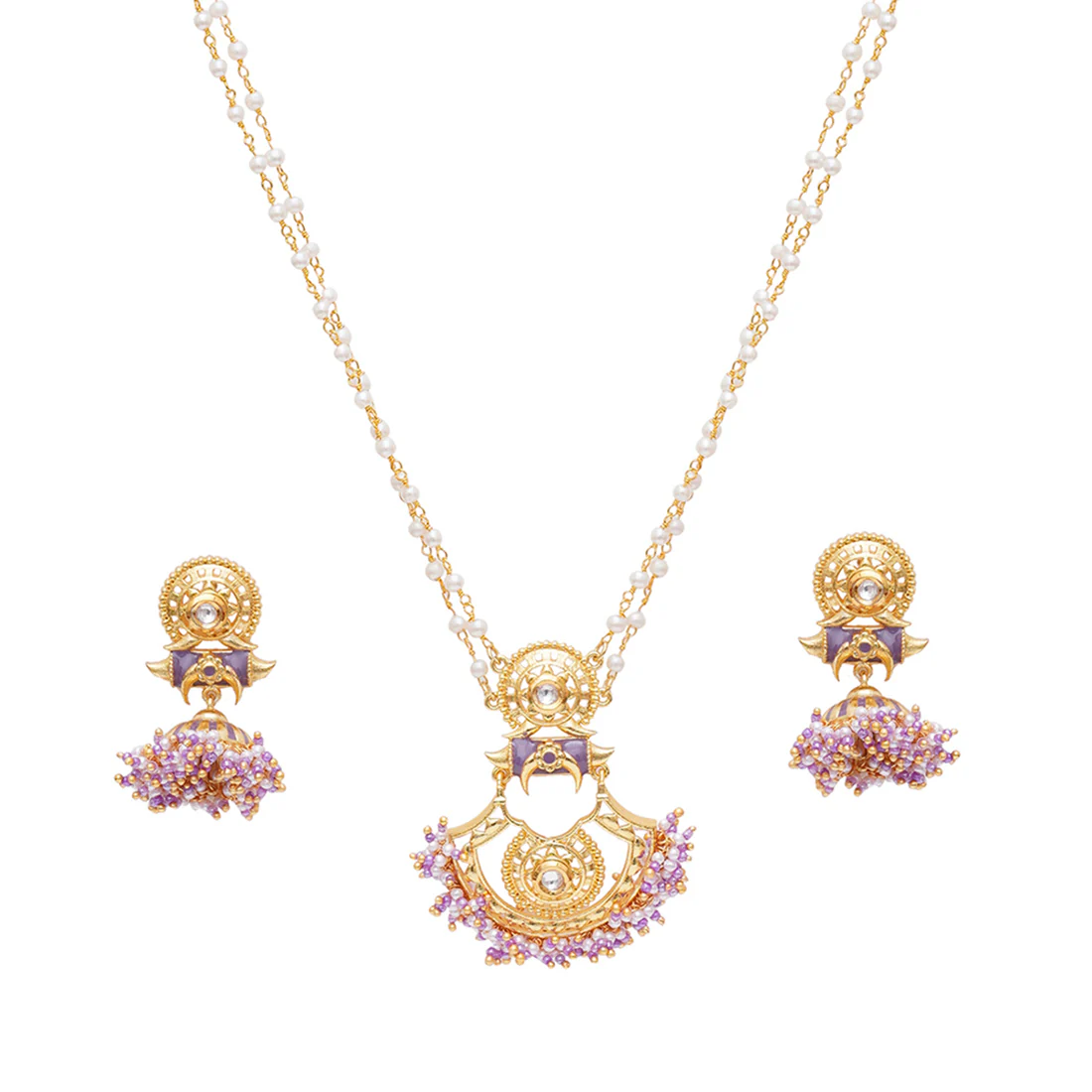 Festive Hues Yellow Gold Plated Faux Pearls Adorned Brass Jewellery Set - Image 4