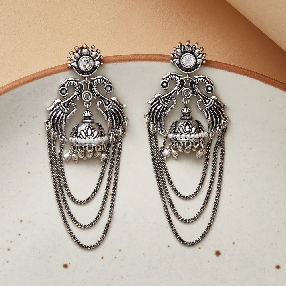 Festive Silver Tone Dangler Earrings With Pearl Beads