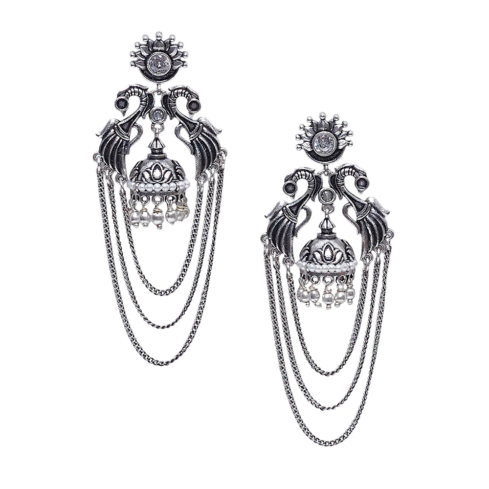 Festive Silver Tone Dangler Earrings With Pearl Beads - Image 3