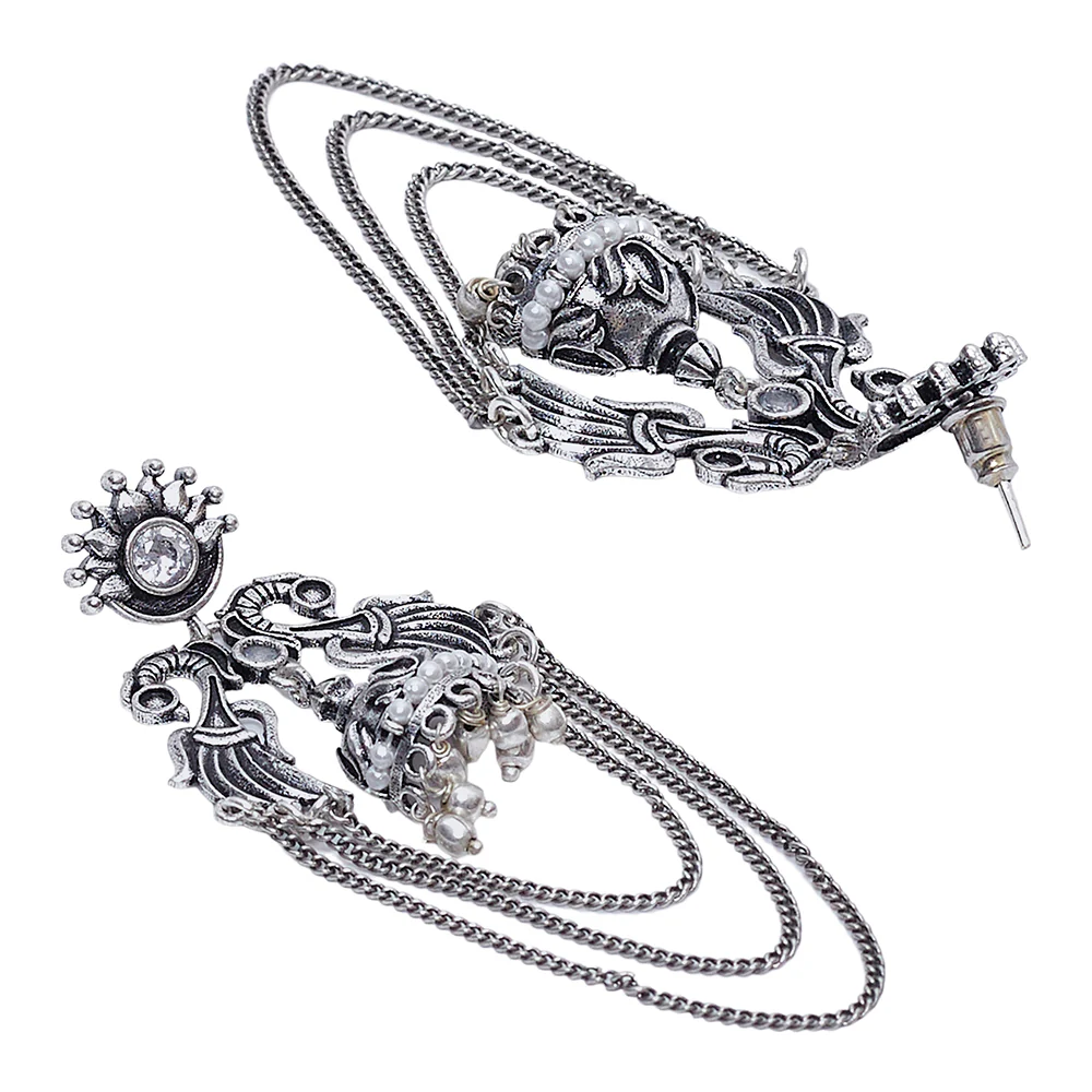 Festive Silver Tone Dangler Earrings With Pearl Beads - Image 4