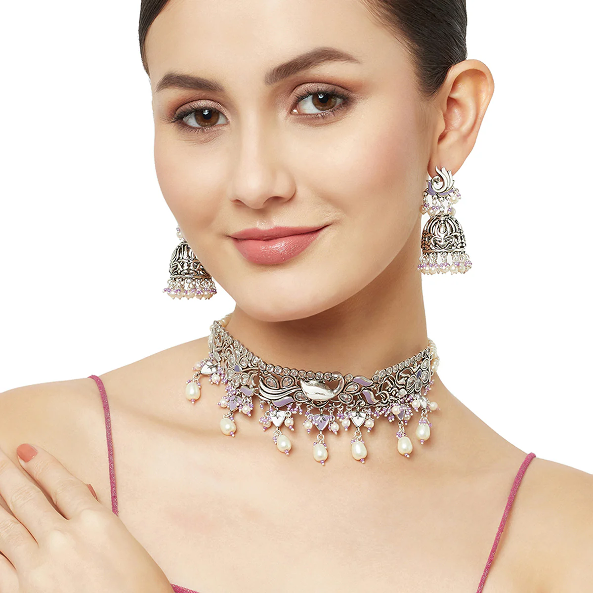 VOYLLA Filigree Silver Toned Round Faux Pearls Jewellery Set - Image 2