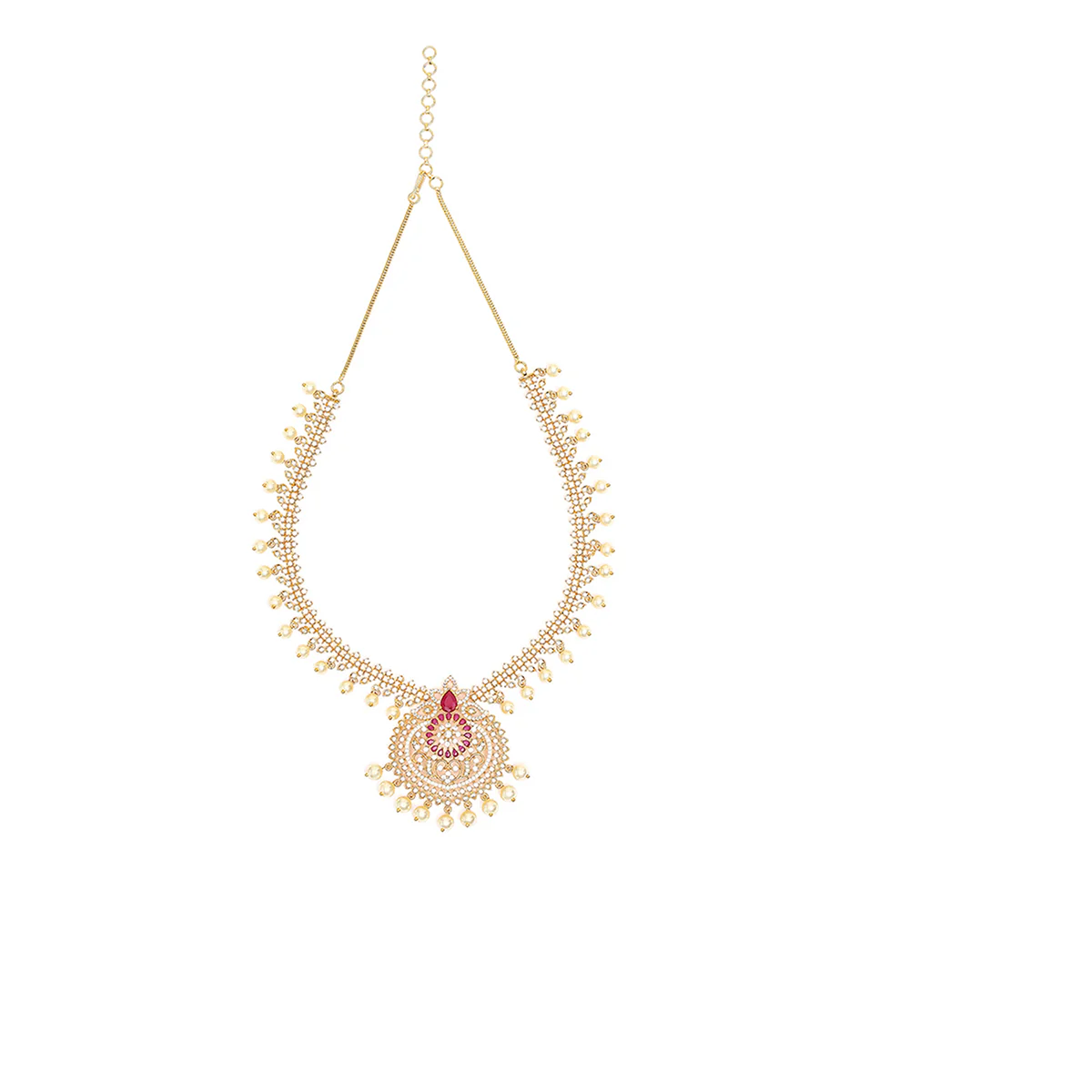 Filigree Design Zircons and Faux Pearls Embellished Gold Plated Brass Jewellery Set - Image 3