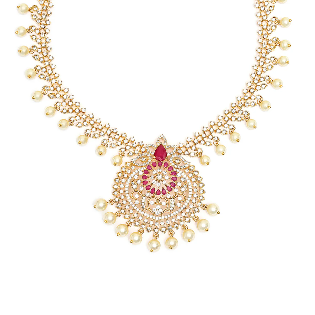 Filigree Design Zircons and Faux Pearls Embellished Gold Plated Brass Jewellery Set - Image 4