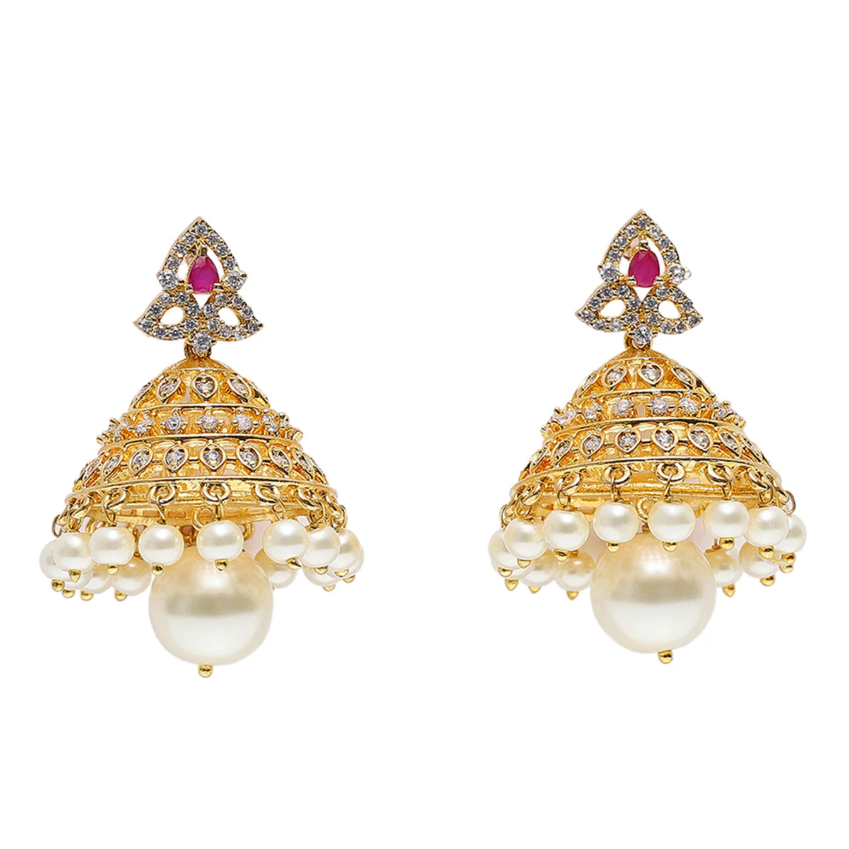 Filigree Design Zircons and Faux Pearls Embellished Gold Plated Brass Jewellery Set - Image 5