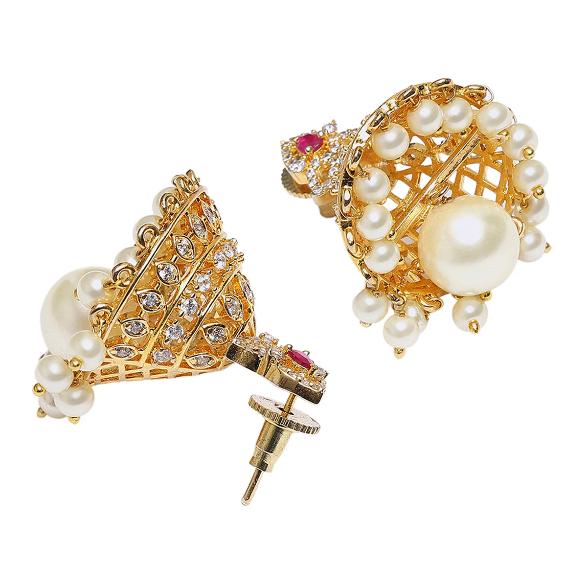 Filigree Design Zircons and Faux Pearls Embellished Gold Plated Brass Jewellery Set - Image 6