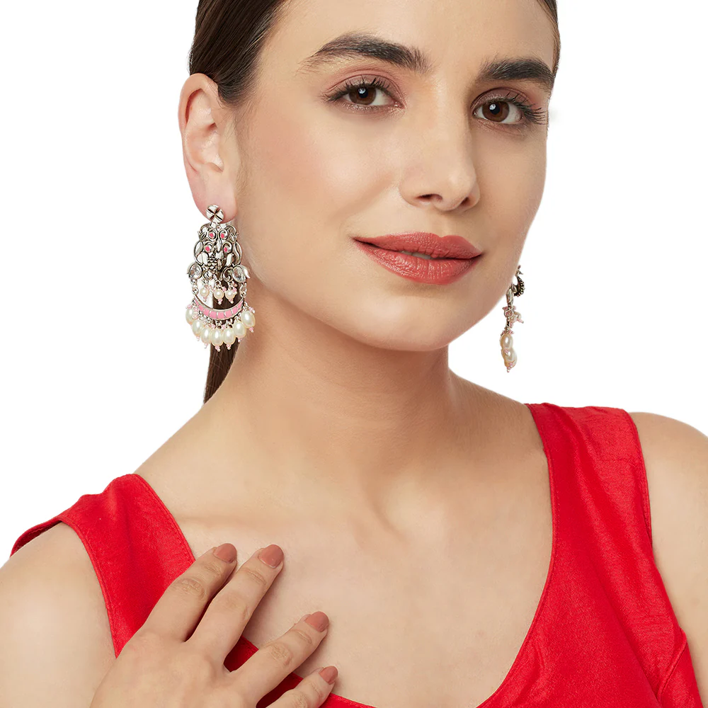 Filigree Faux Pearls Adorned Silver Plated Earrings - Image 2