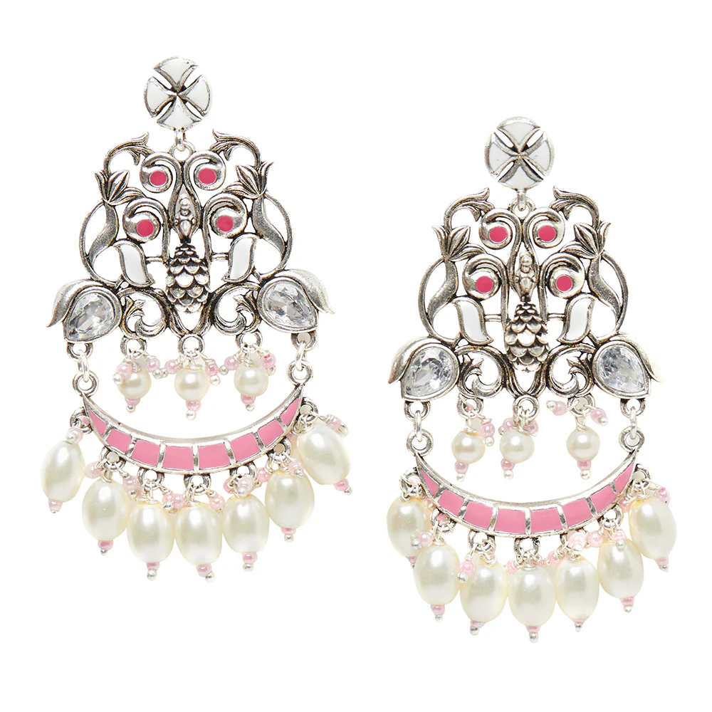 Filigree Faux Pearls Adorned Silver Plated Earrings - Image 3