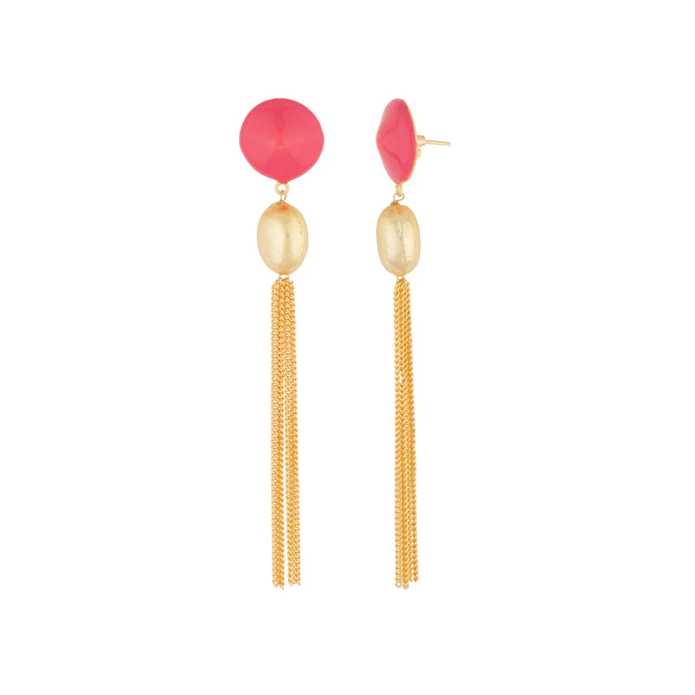 Flirty Pink Dangler Earrings with Golden Tassels - Image 3