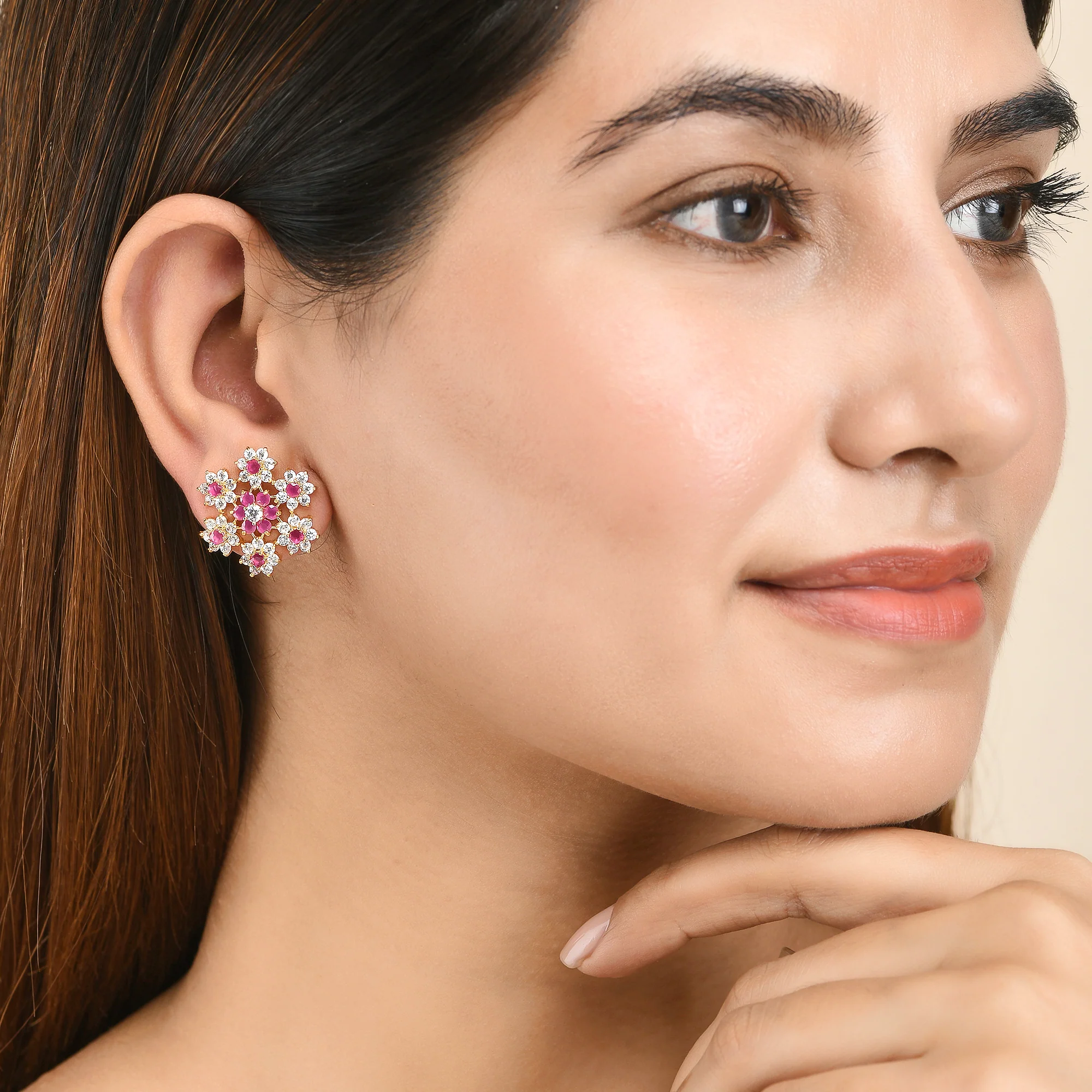 Floral Bunch Red CZ Stud Earrings - Image 2