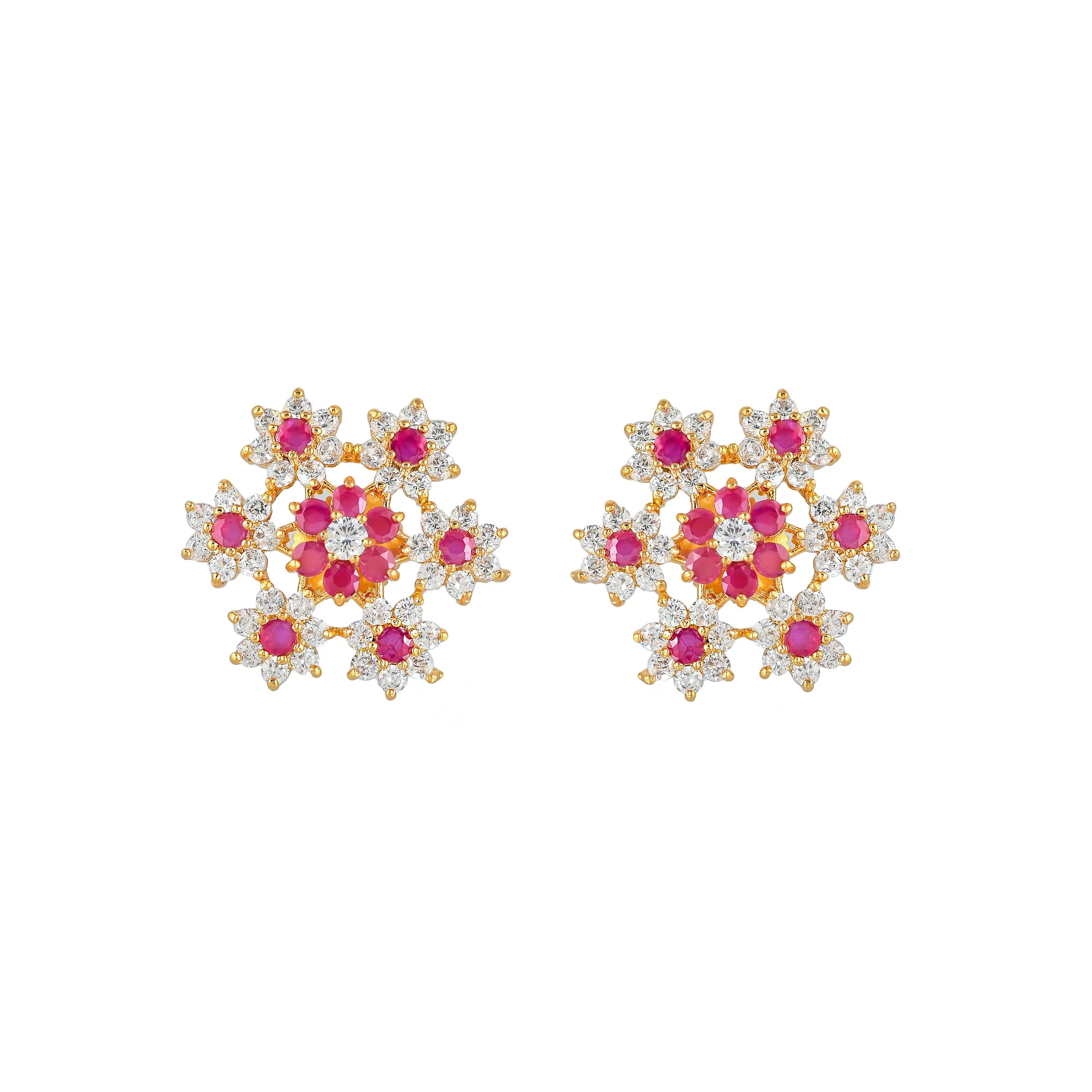 Floral Bunch Red CZ Stud Earrings - Image 3