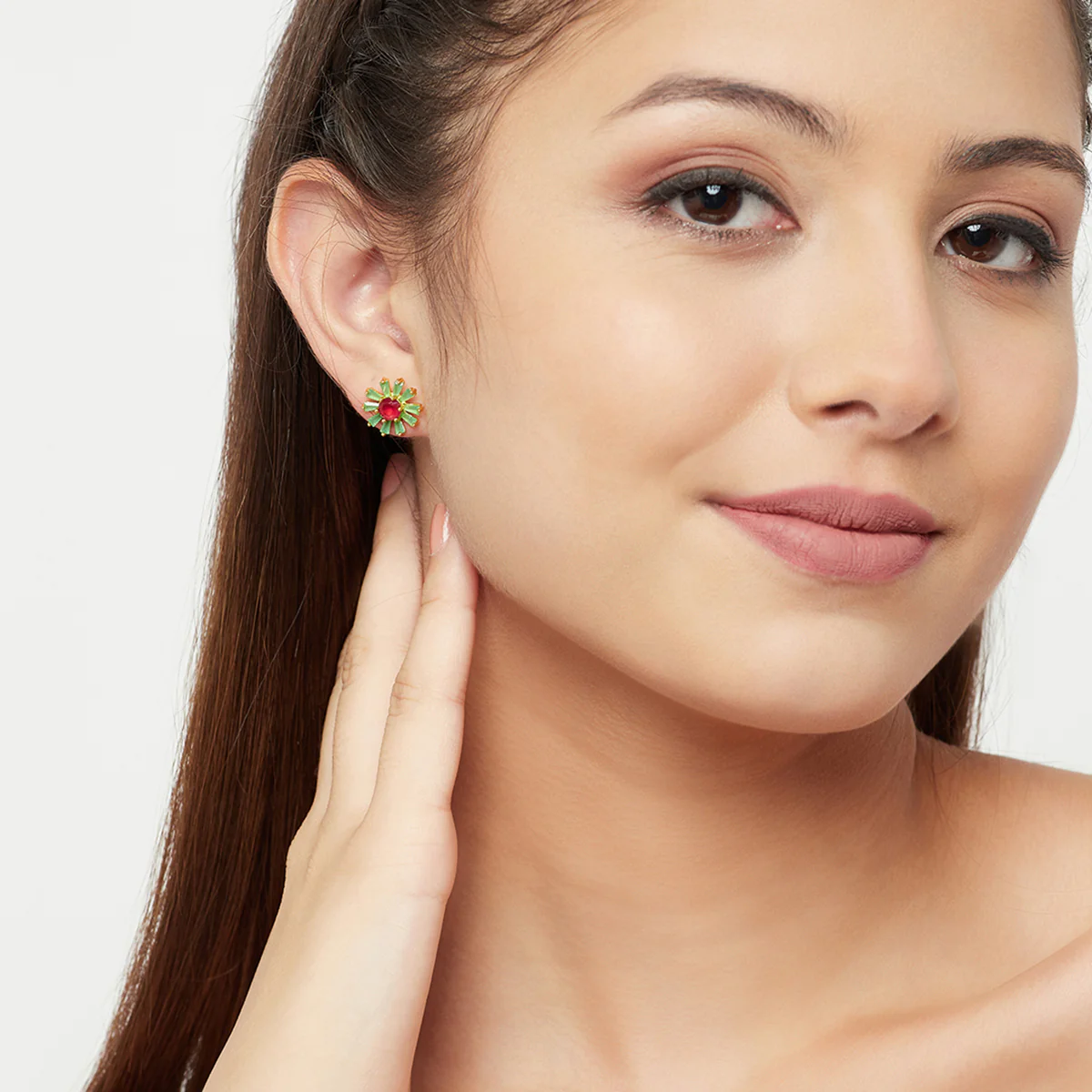 Floral Coloured Gems Adorned Earrings - Image 2