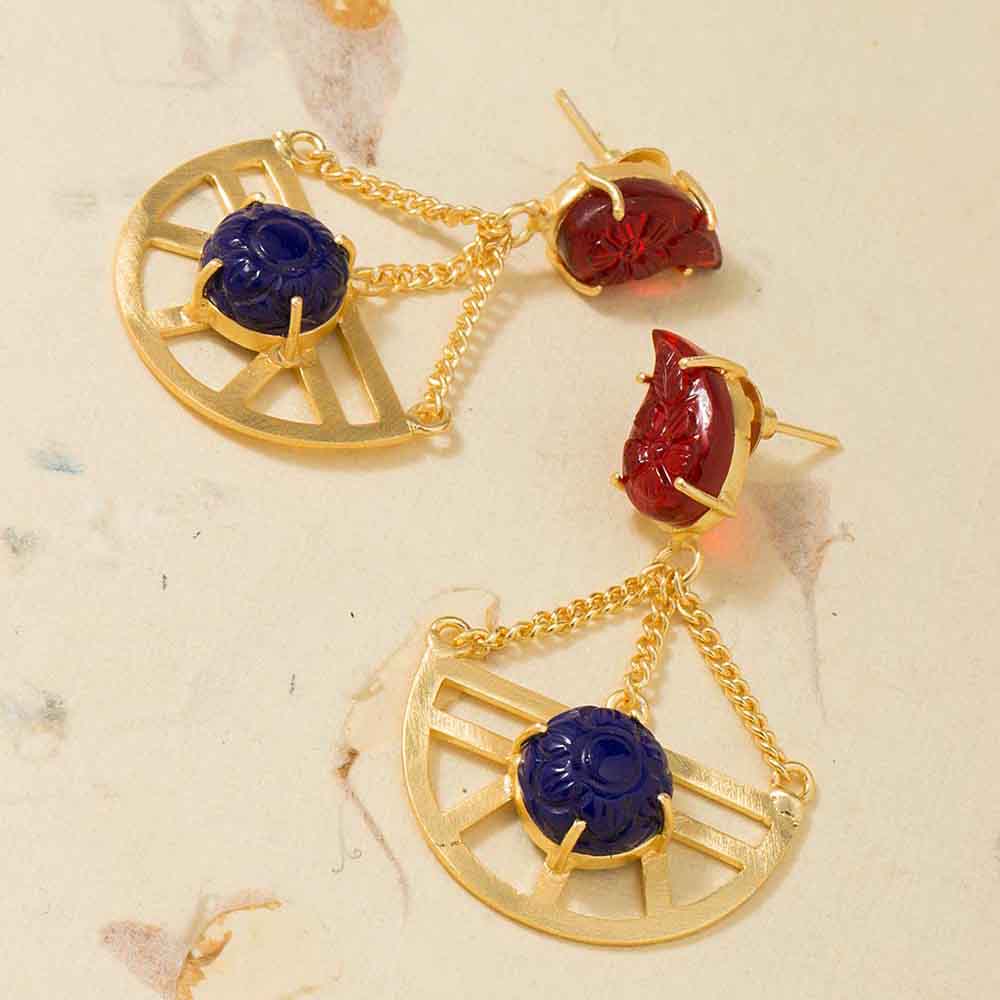Floral Design Gold Tone Danglers Studded With Red And Blue Stones