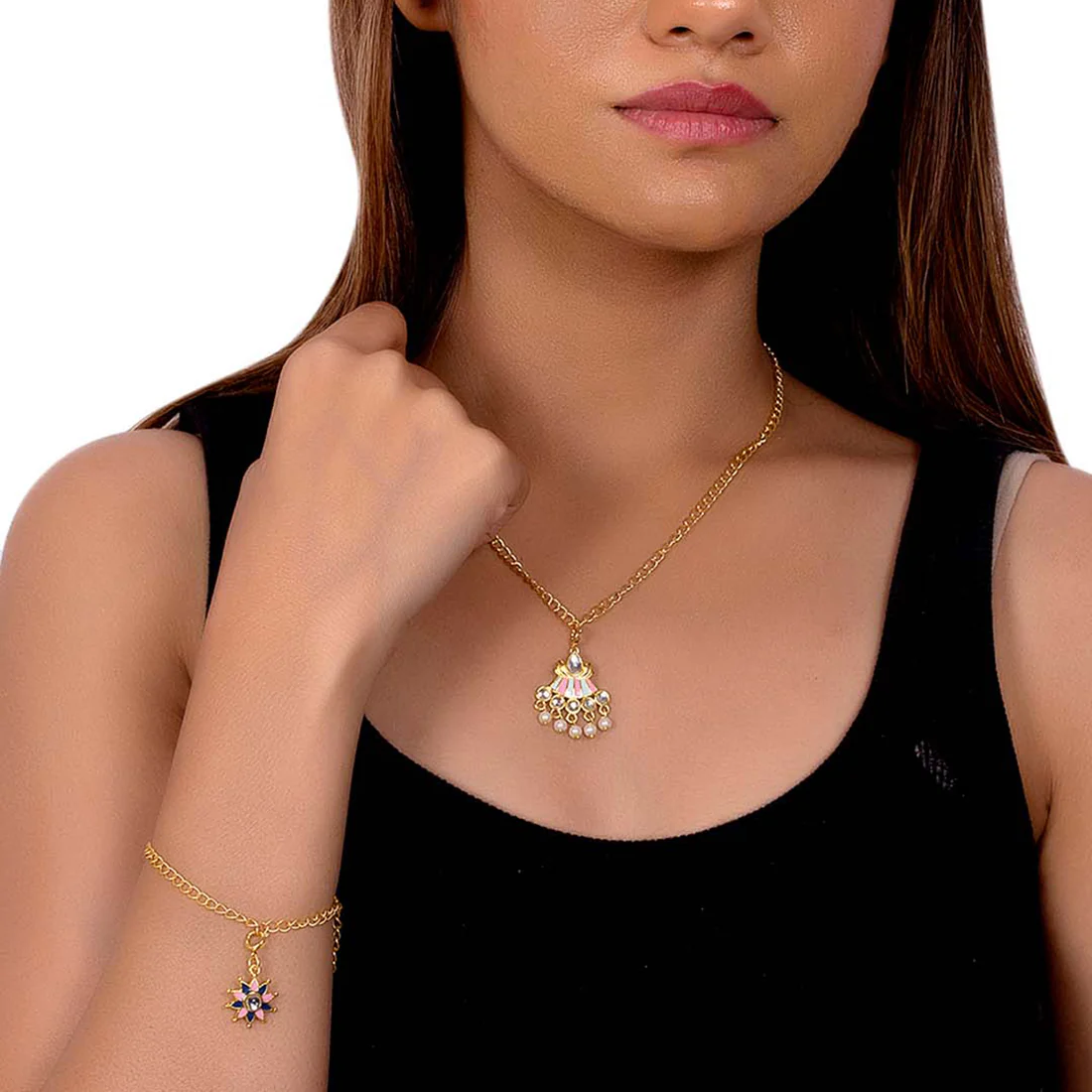 Floral Enameled Charms Pendant With Chain and Bracelets - Image 2
