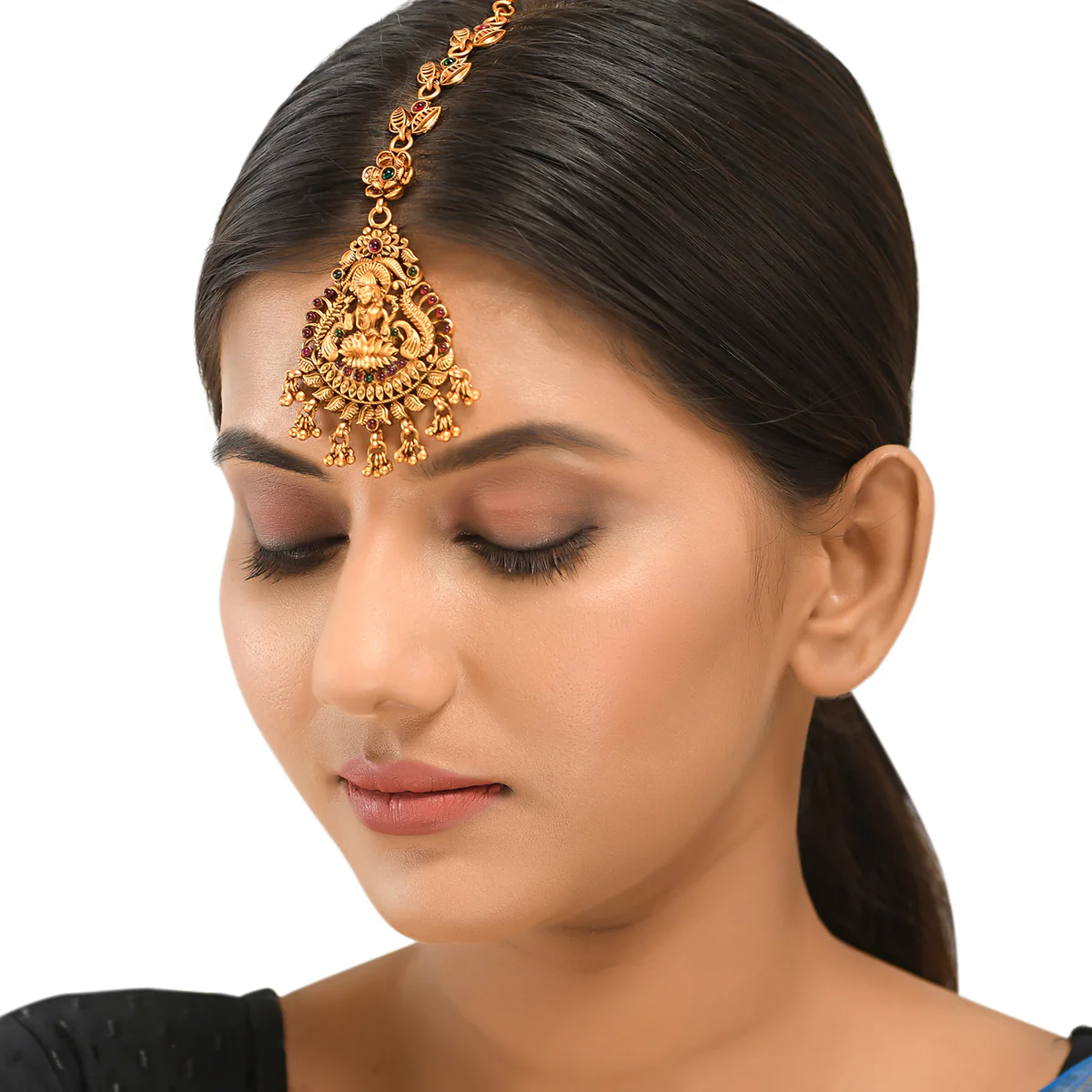 Floral Inspired Motifs Brass Goddess Lakshmi Gold Toned Maang Tika - Image 5