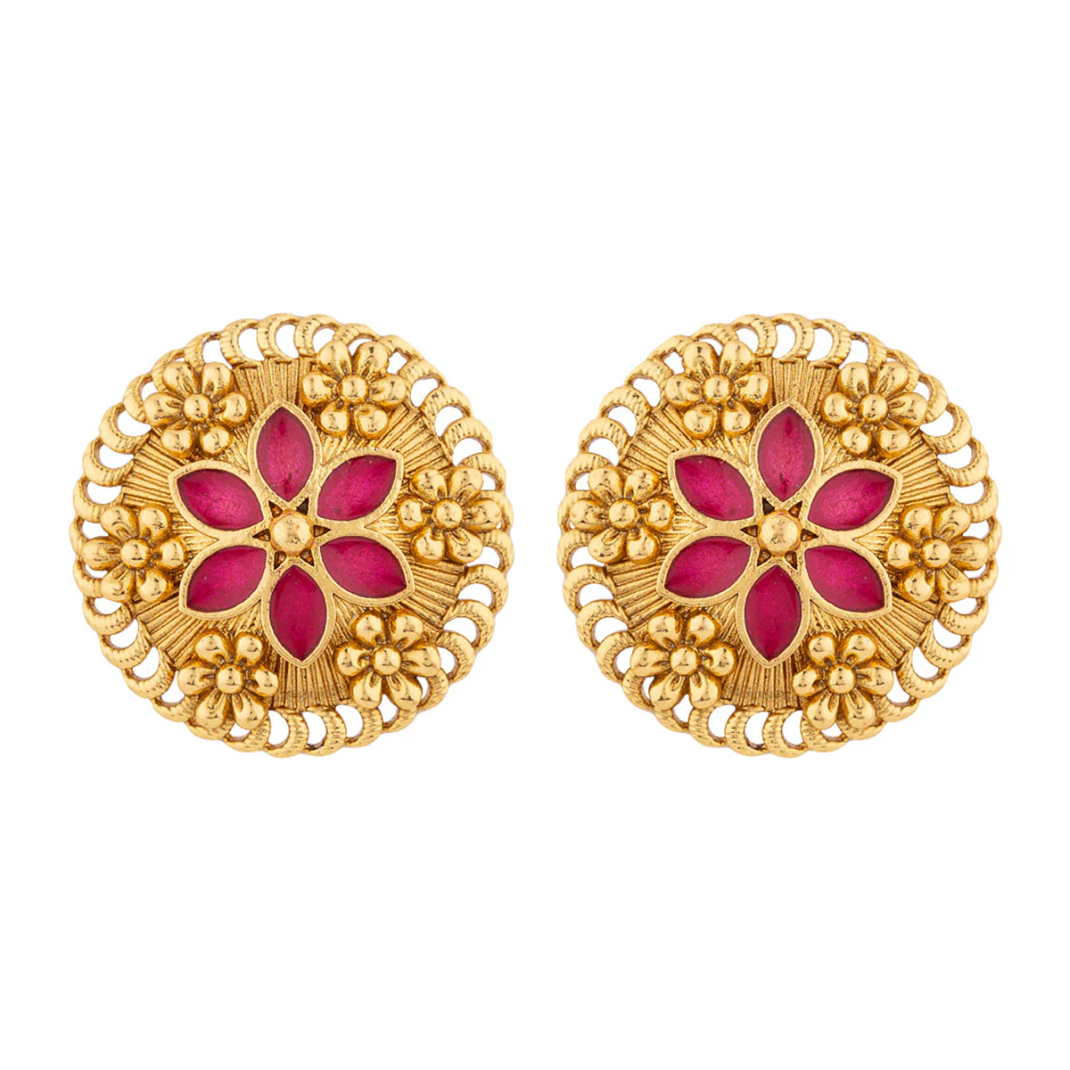 Floral Motif Brass Dome Earrings - Image 2
