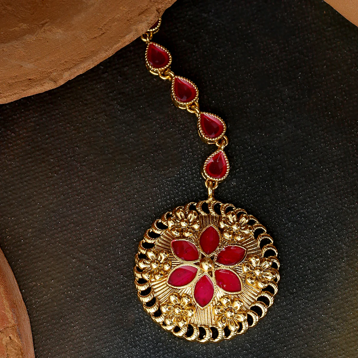 Floral Motif Embossed Embellished Maang Tika