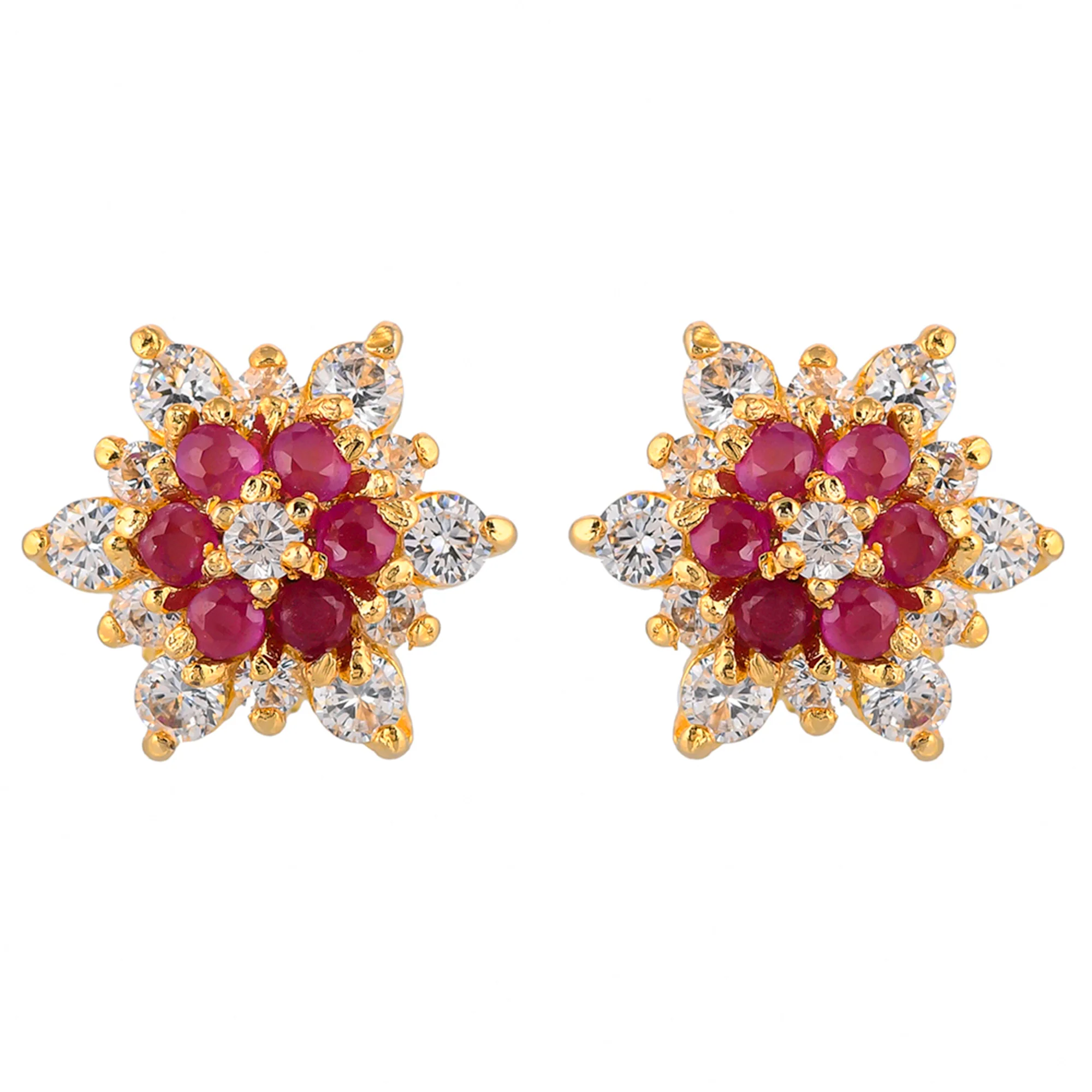 Floral Motif Red CZ Stud Earrings - Image 3