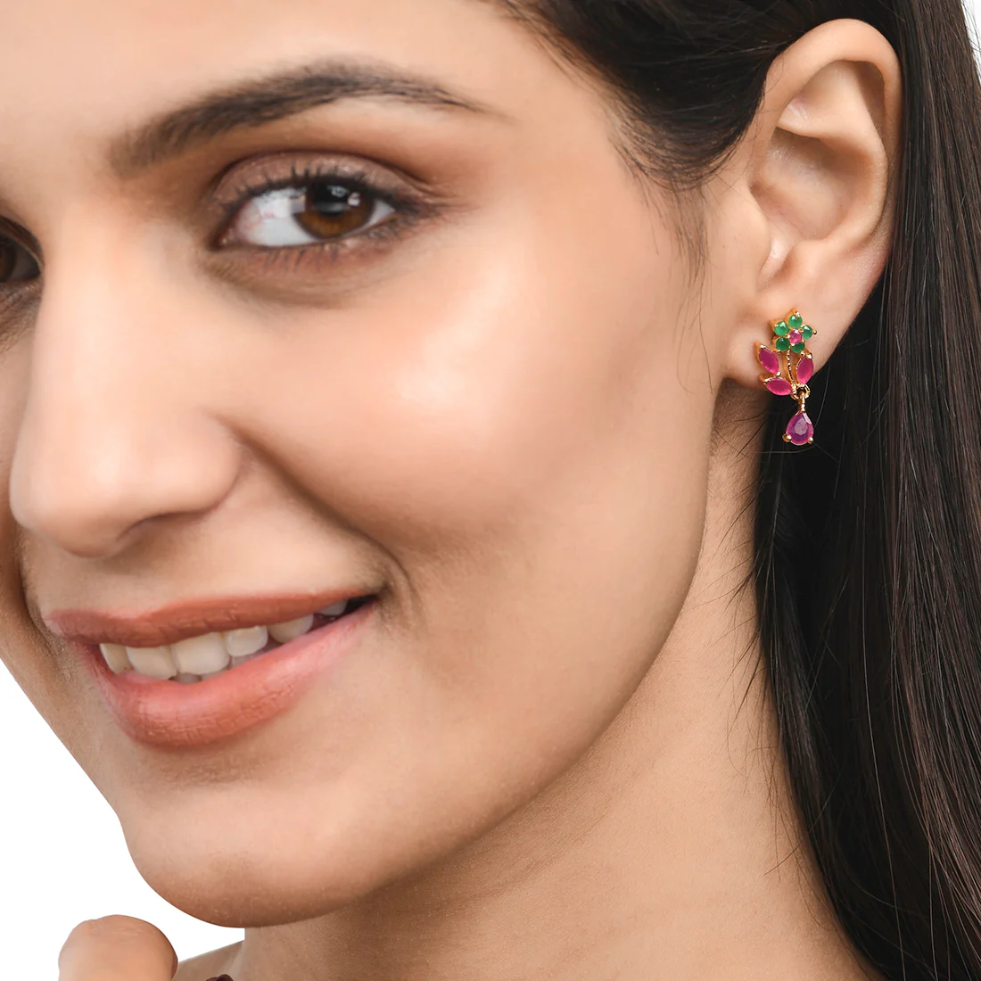 Floral Motif Teardrop Coloured CZ Tiny Drop Earrings - Image 2