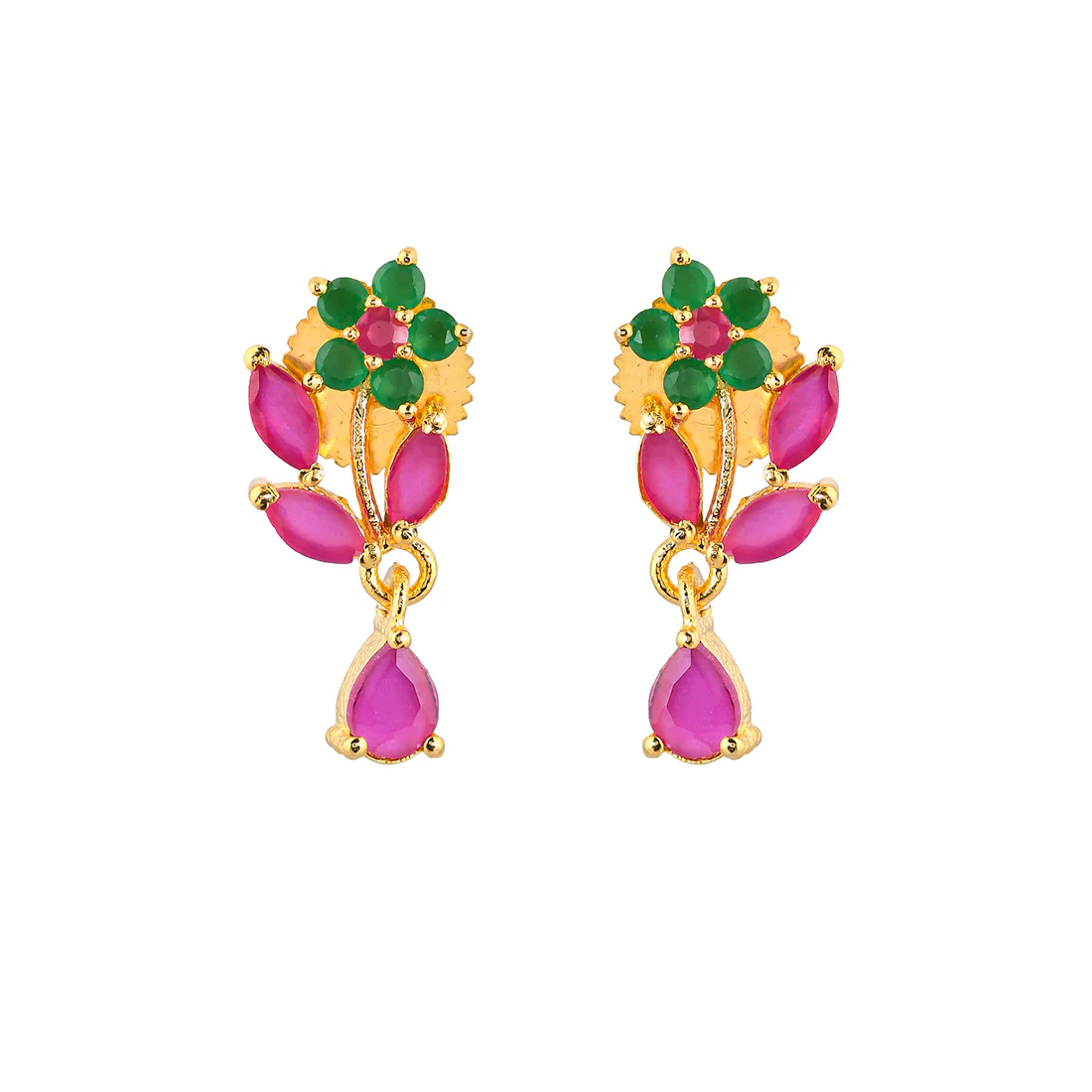 Floral Motif Teardrop Coloured CZ Tiny Drop Earrings - Image 3