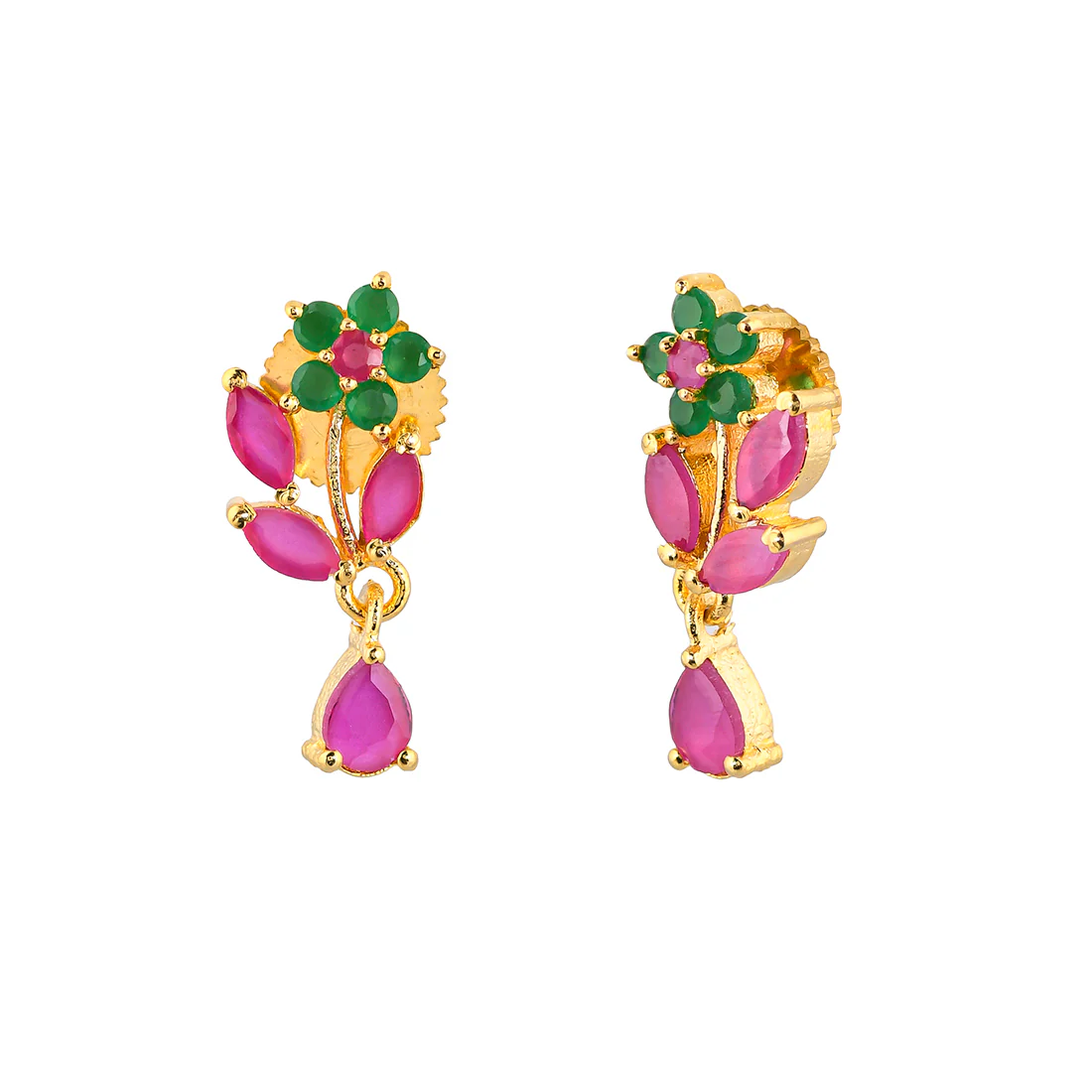 Floral Motif Teardrop Coloured CZ Tiny Drop Earrings - Image 4