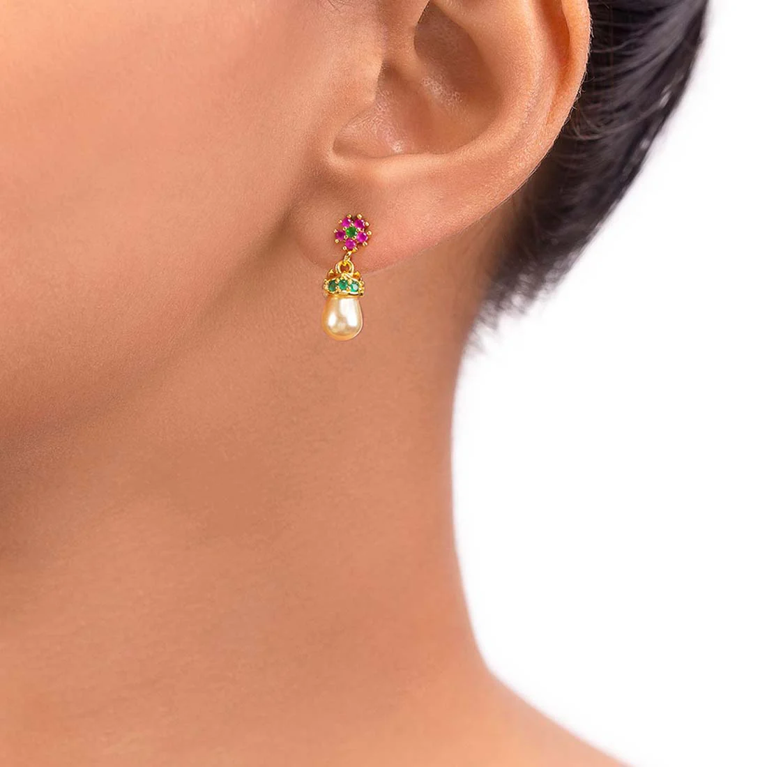 Floral Motif Tiny Brass Earrings - Image 2
