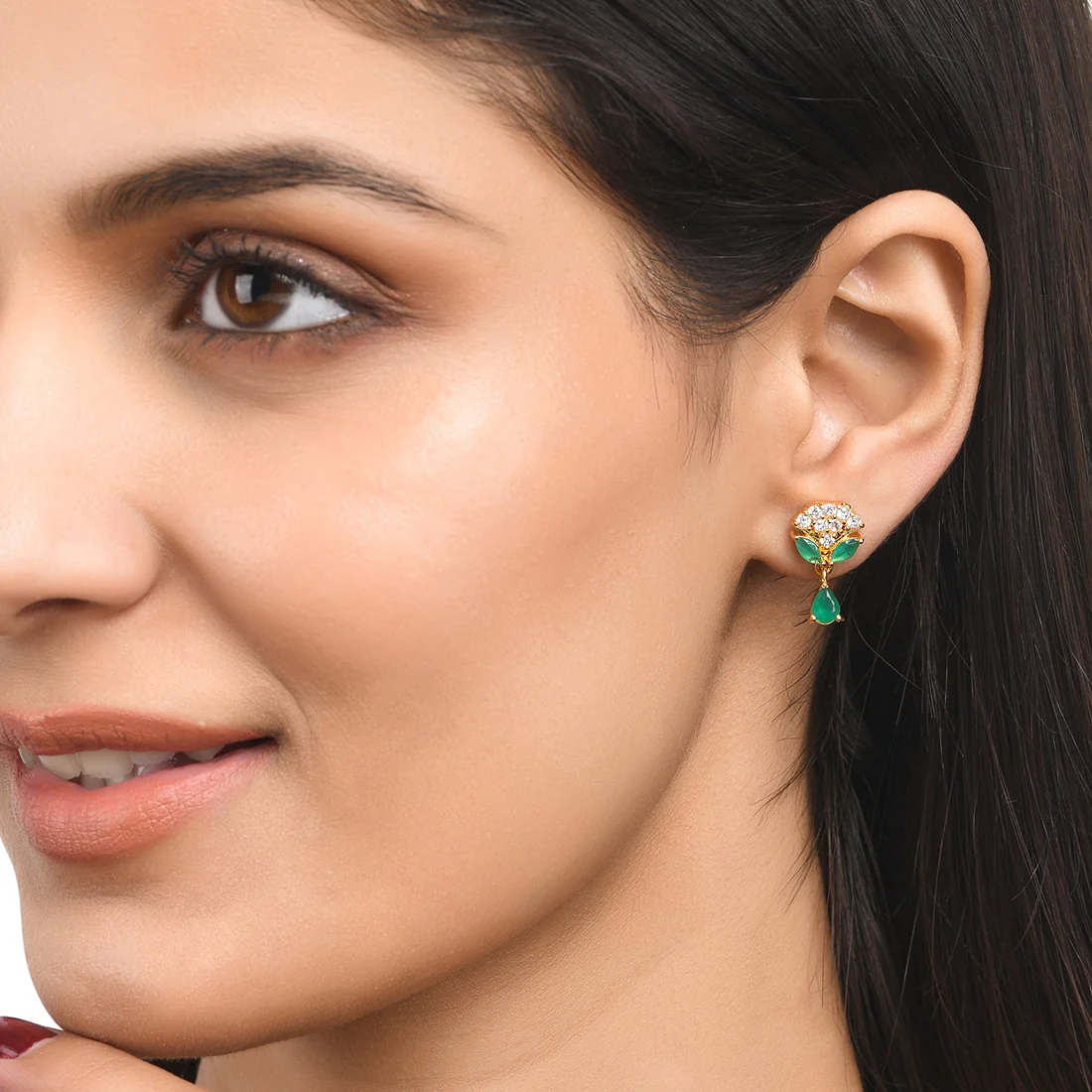 Floral Motif White and Green Tiny Drop Earrings - Image 2