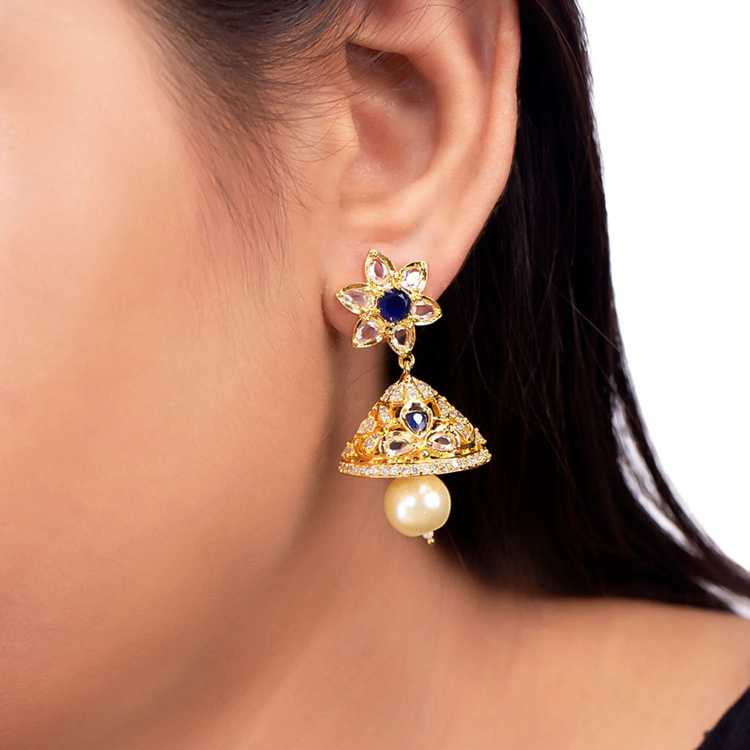 Floral Motifs and CZ Gems Earrings - Image 2