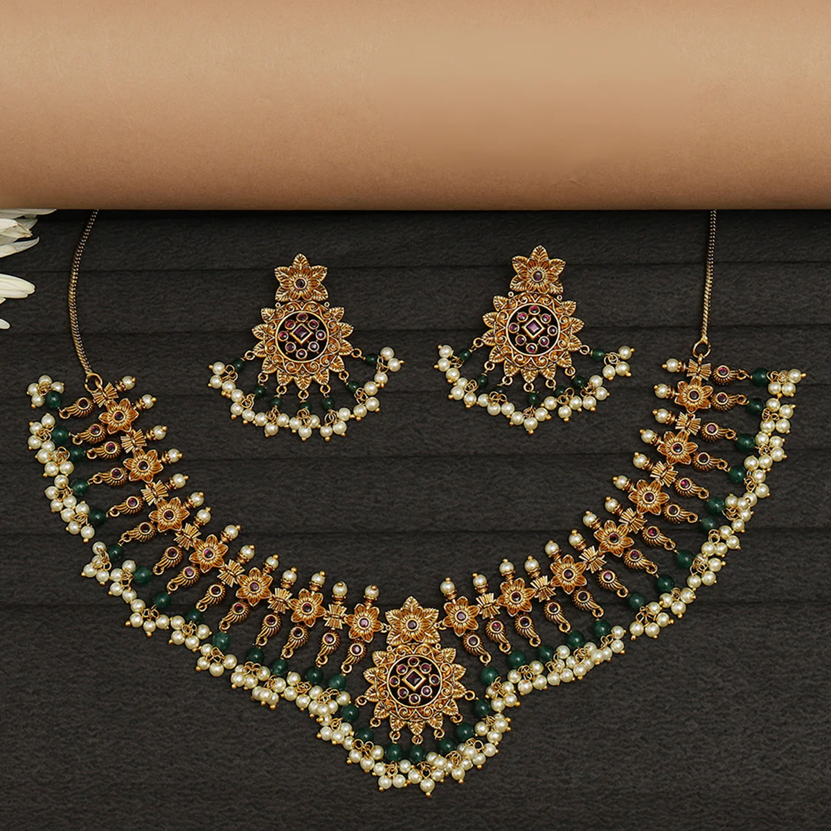 Floral Motifs Brass Faux Pearls and CZ Adorned Gold Plated Jewellery Set