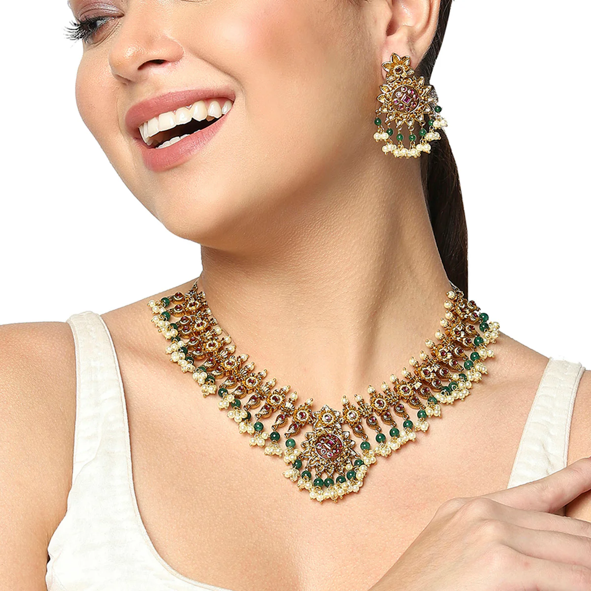 Floral Motifs Brass Faux Pearls and CZ Adorned Gold Plated Jewellery Set - Image 2