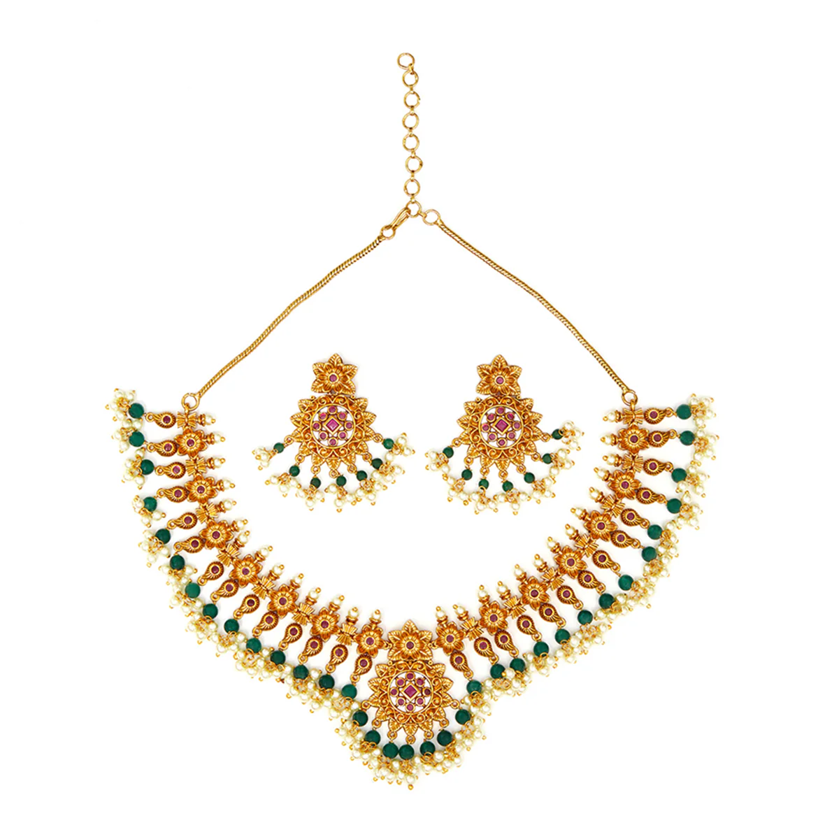 Floral Motifs Brass Faux Pearls and CZ Adorned Gold Plated Jewellery Set - Image 3