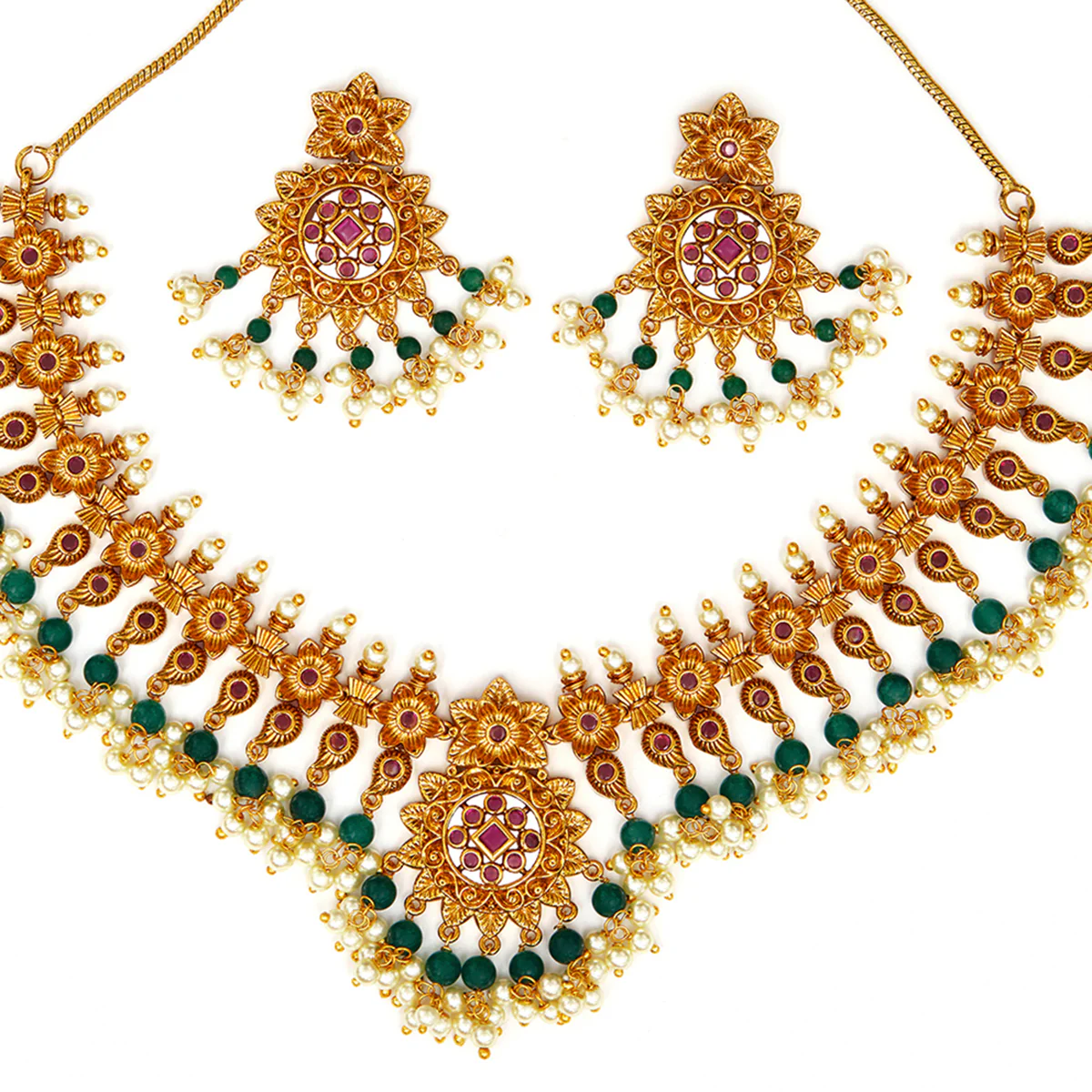 Floral Motifs Brass Faux Pearls and CZ Adorned Gold Plated Jewellery Set - Image 4