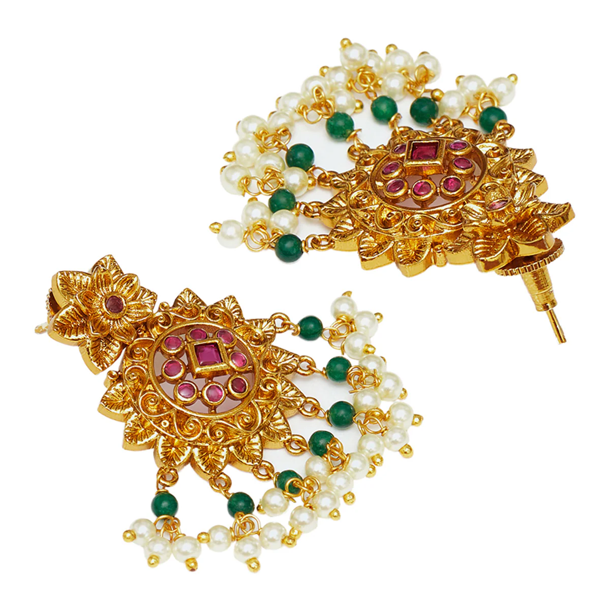 Floral Motifs Brass Faux Pearls and CZ Adorned Gold Plated Jewellery Set - Image 5