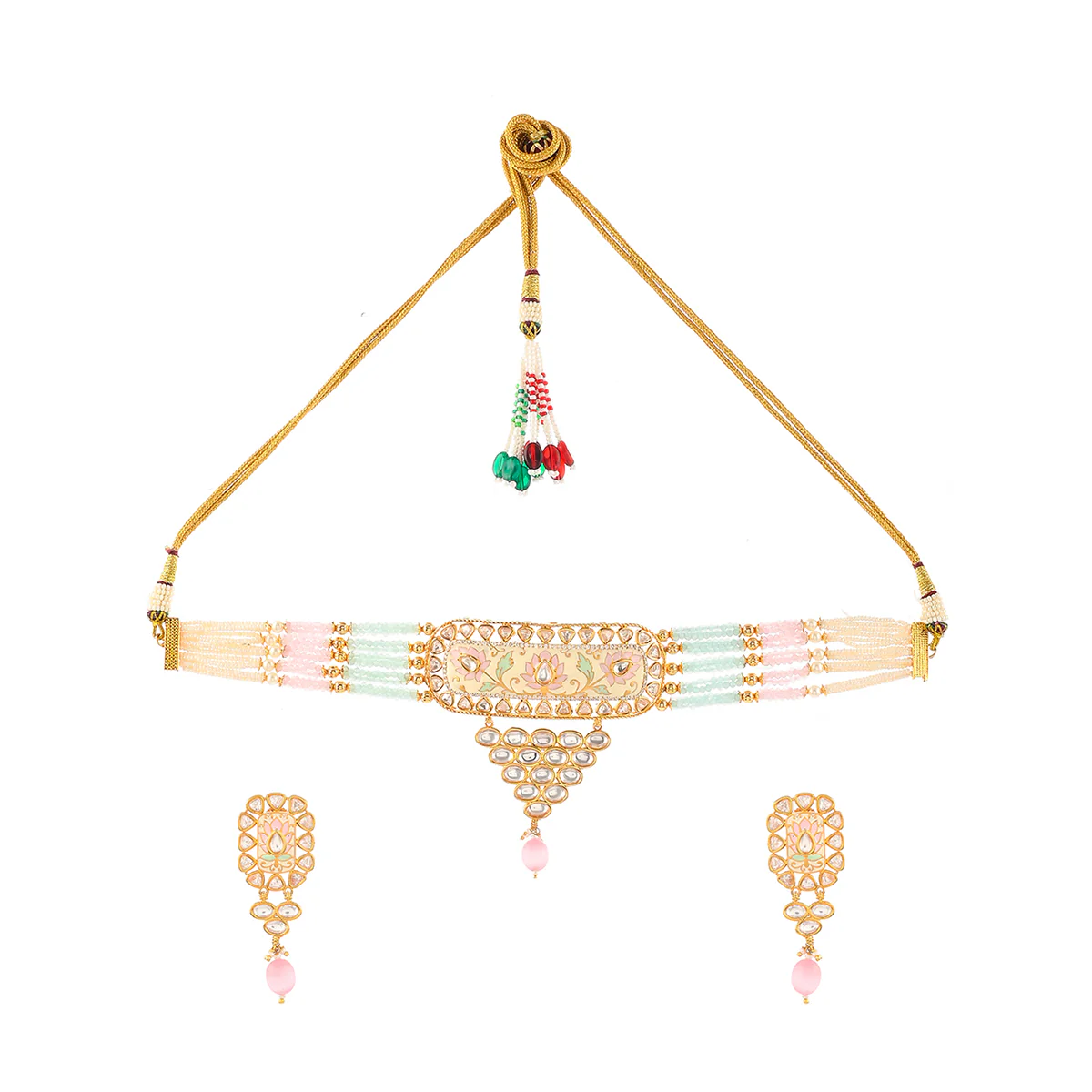 Floral Motifs Faux Kundan and Pink Pearls Brass Gold Plated Jewellery Set - Image 3