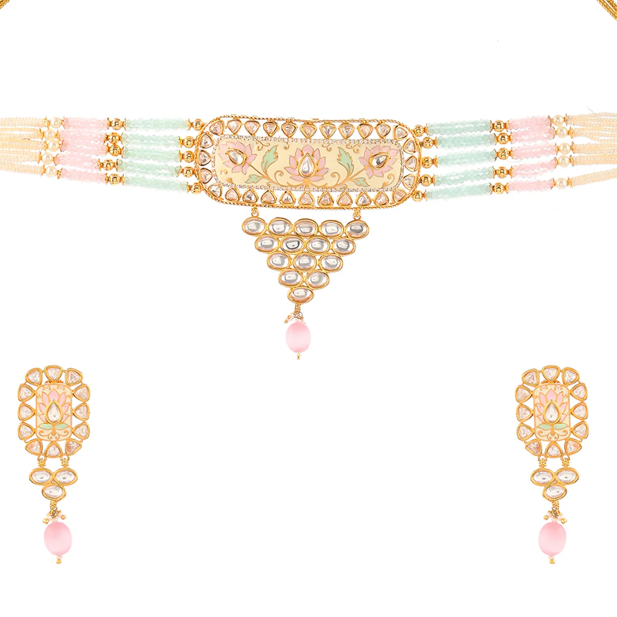 Floral Motifs Faux Kundan and Pink Pearls Brass Gold Plated Jewellery Set - Image 4