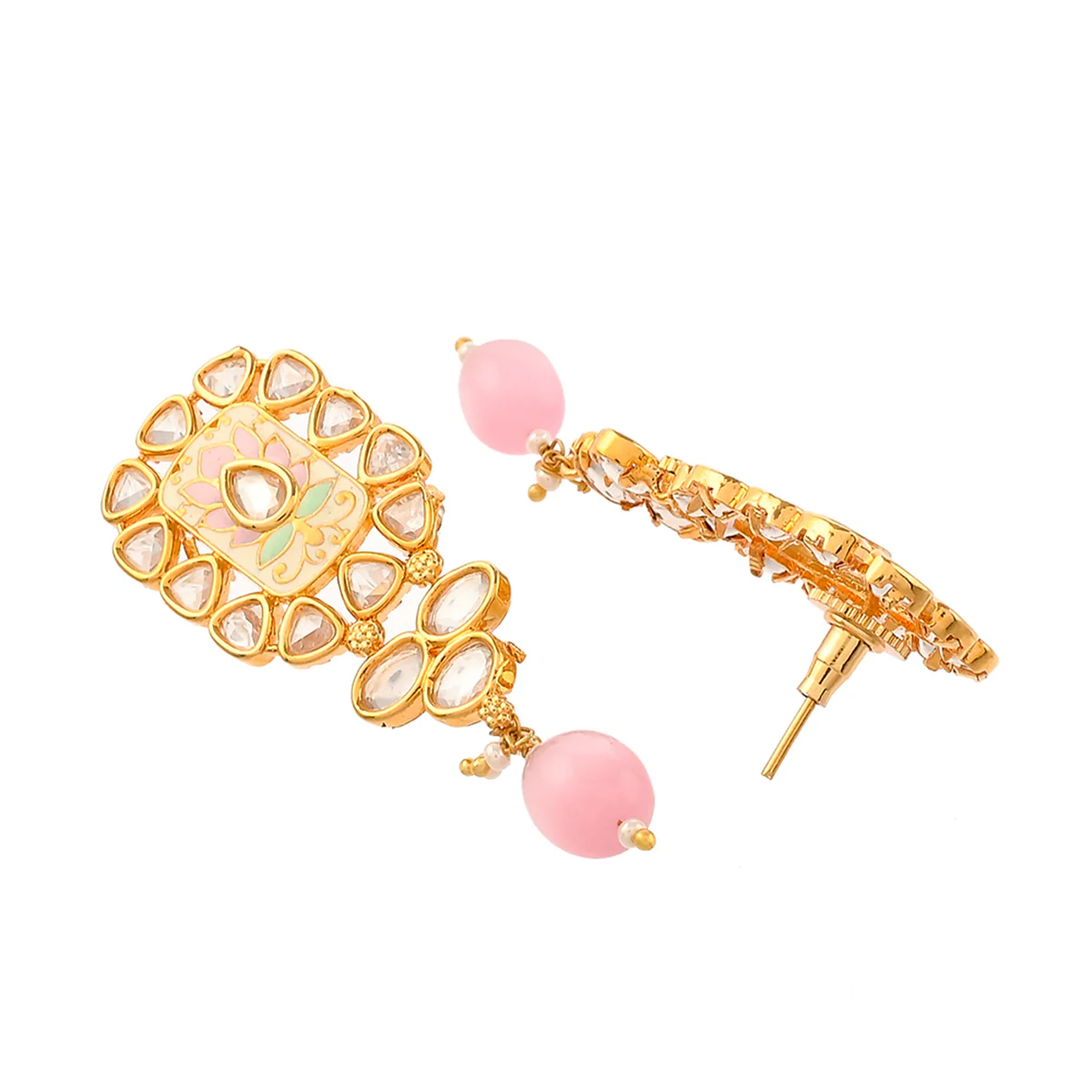 Floral Motifs Faux Kundan and Pink Pearls Brass Gold Plated Jewellery Set - Image 5