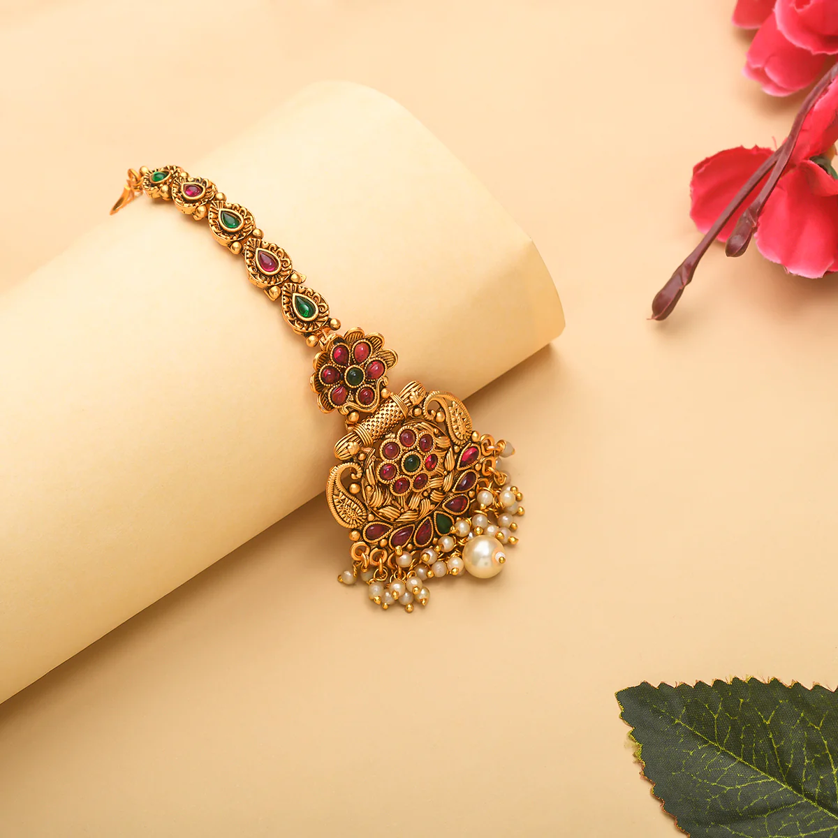 Floral Motifs Kundan and Faux Pearls Brass Gold Plated Maang Tika