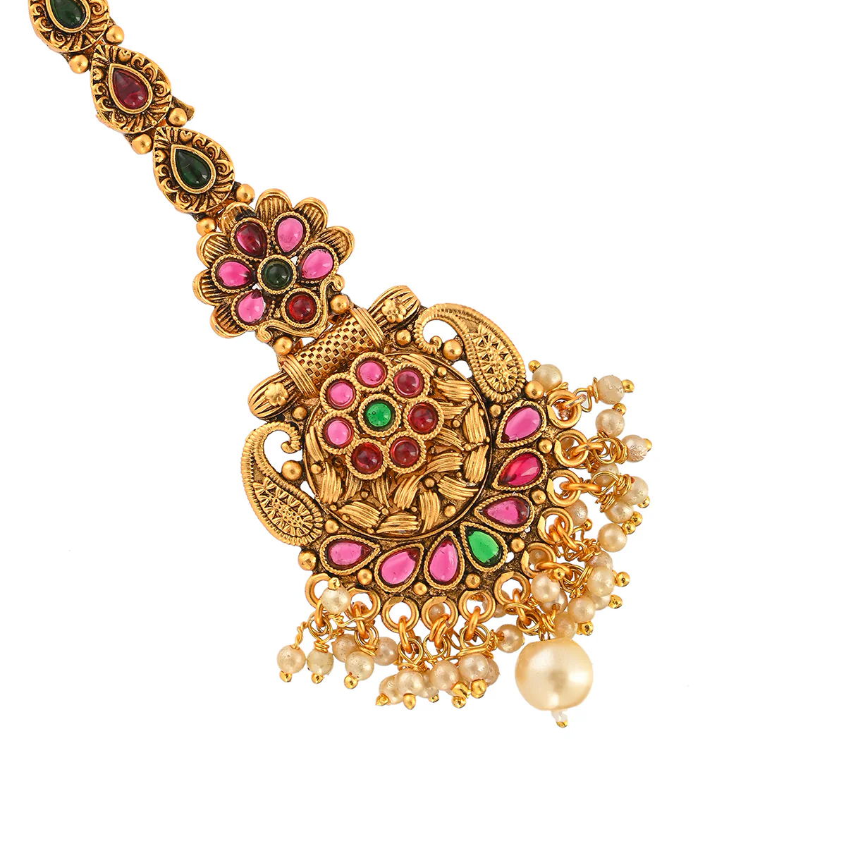 Floral Motifs Kundan and Faux Pearls Brass Gold Plated Maang Tika - Image 3