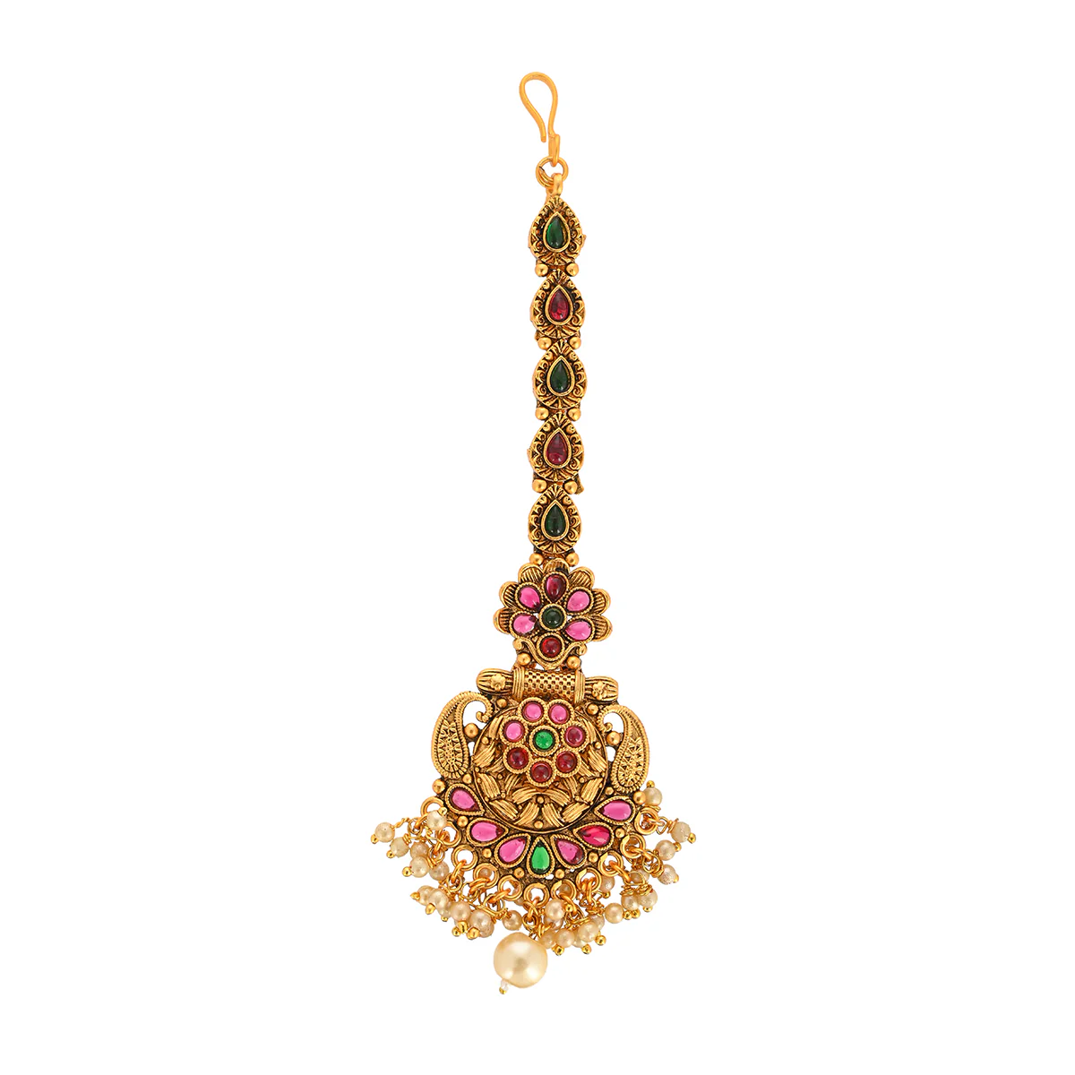 Floral Motifs Kundan and Faux Pearls Brass Gold Plated Maang Tika - Image 4